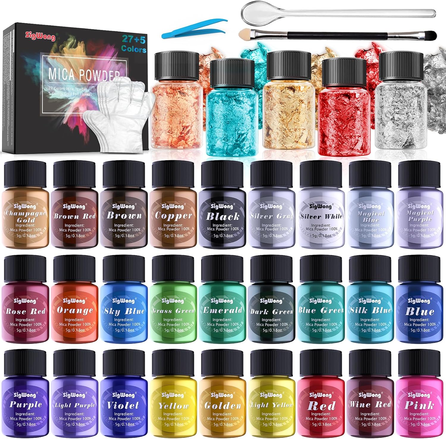 Mica Powder - 32 Pearlescent Epoxy Resin Color Pigments Set- Natural Cosmetic Grade Pigment for Soap Dye, Lip Gloss, Nail Polish, Makeup, Epoxy Resin, Candle Making, Bath Bombs, Slime, 5g/0.18oz