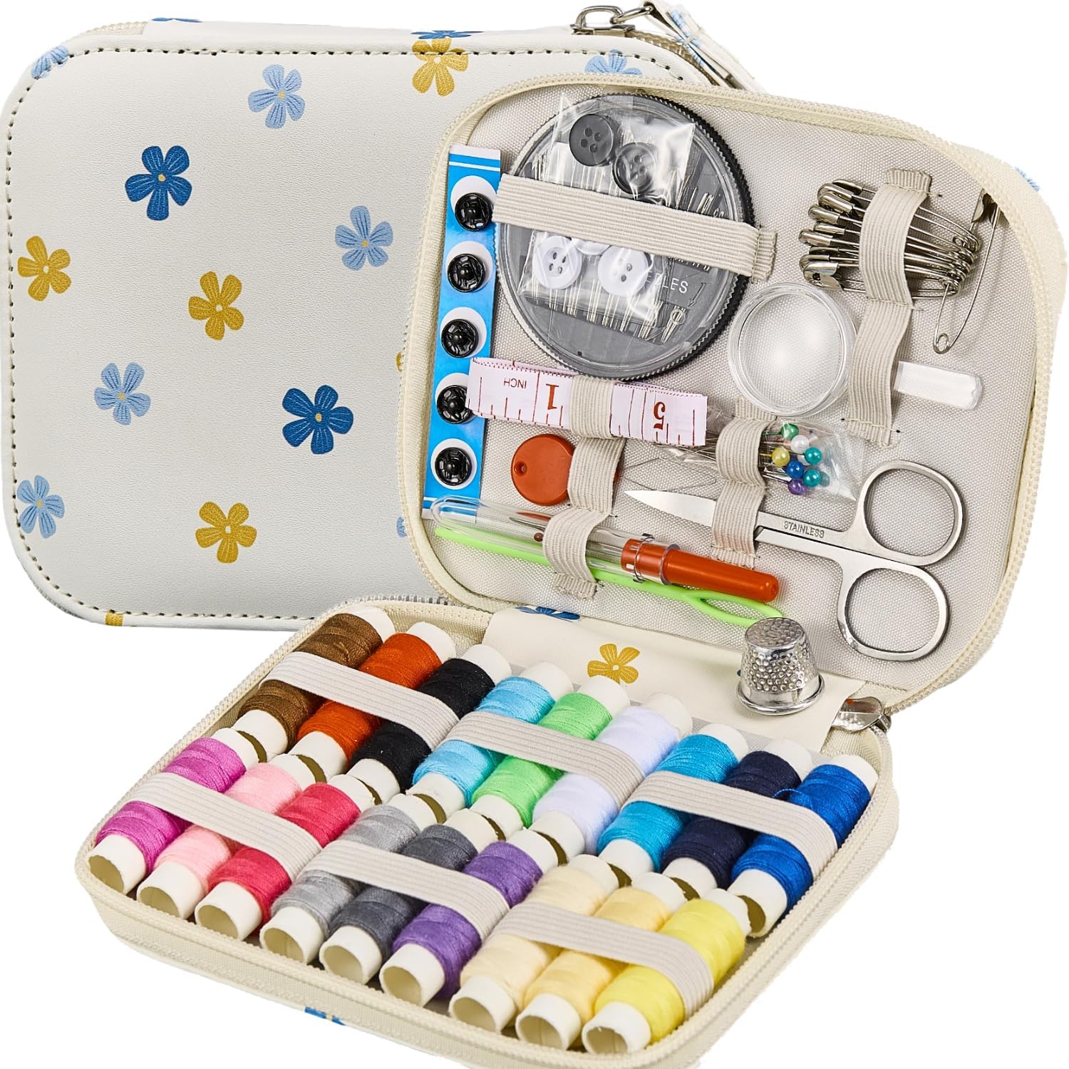 Floral Printing Sewing Kit Travel Sewing Set with Zipper Sewing Kit Case, Professional Arts Crafts Sewing Supplies for Emergency, Home(White)