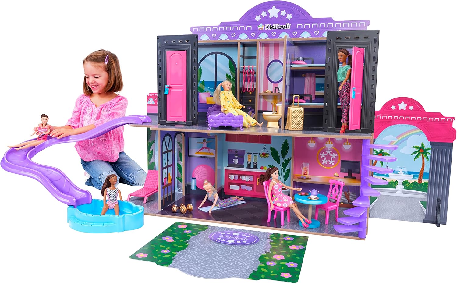 KidKraft 2-in-1 Hotel & Waterslide Dolls House with Furniture and Accessories Included, 2 Storey Play Set with a Pool Slide and Patio Set for 30 cm/12 inch Dolls, Kids' Toys, 20276