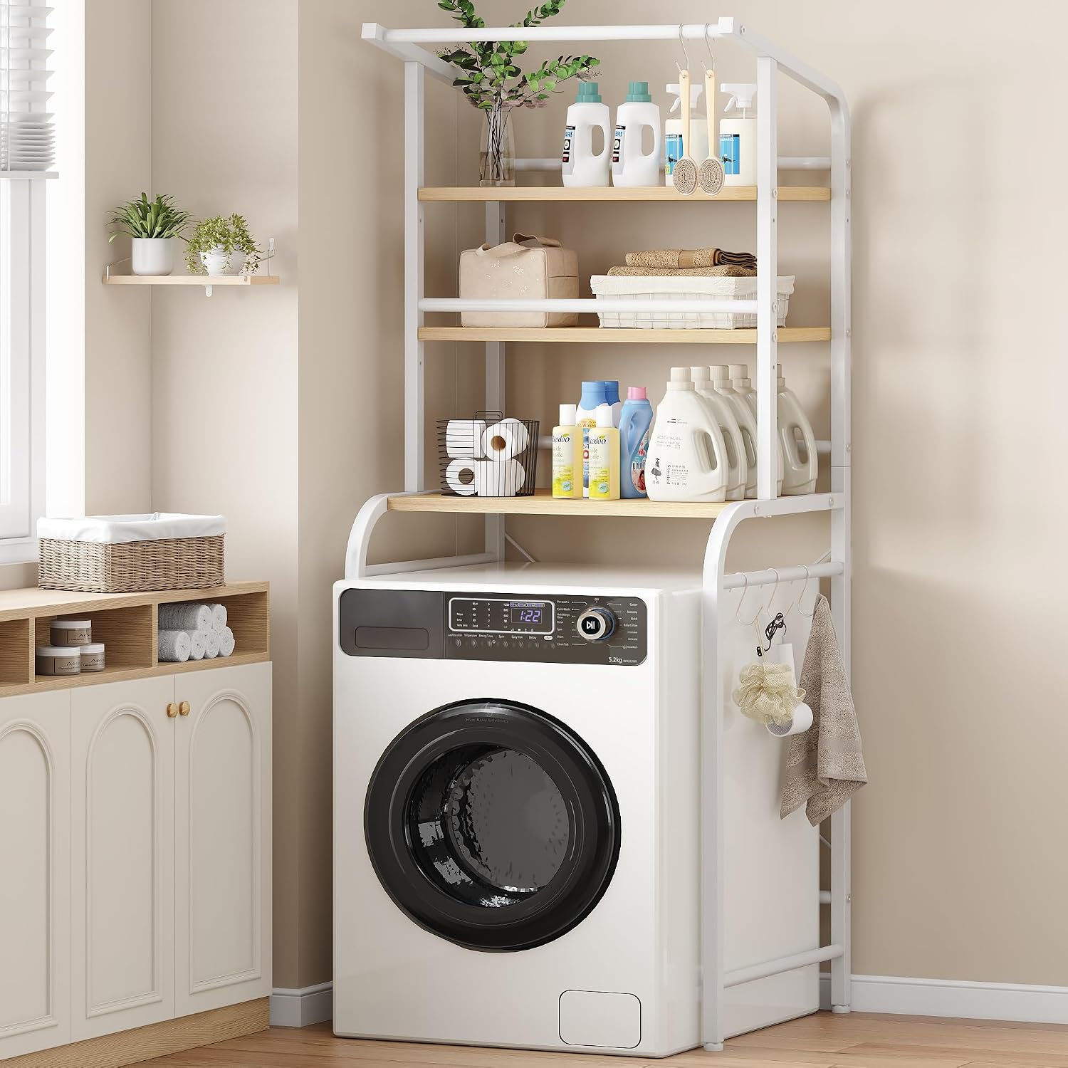 Feonase Over Washing Machine Shelf, 3-Tier Adjustable Shelves with Towels Hangers, Over Toilet Storage Unit, 67 x 46 x 168cm, White