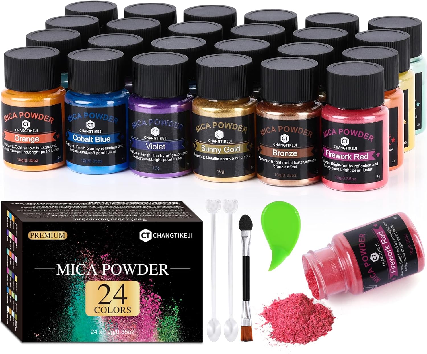 CHANGTIKEJI - 24 Colors Mica Powder, 10g/Bottle Natural Pigment Powder for Epoxy Resin, Soap Making, Candle Making, Lip Gloss, Car Freshness, Dye