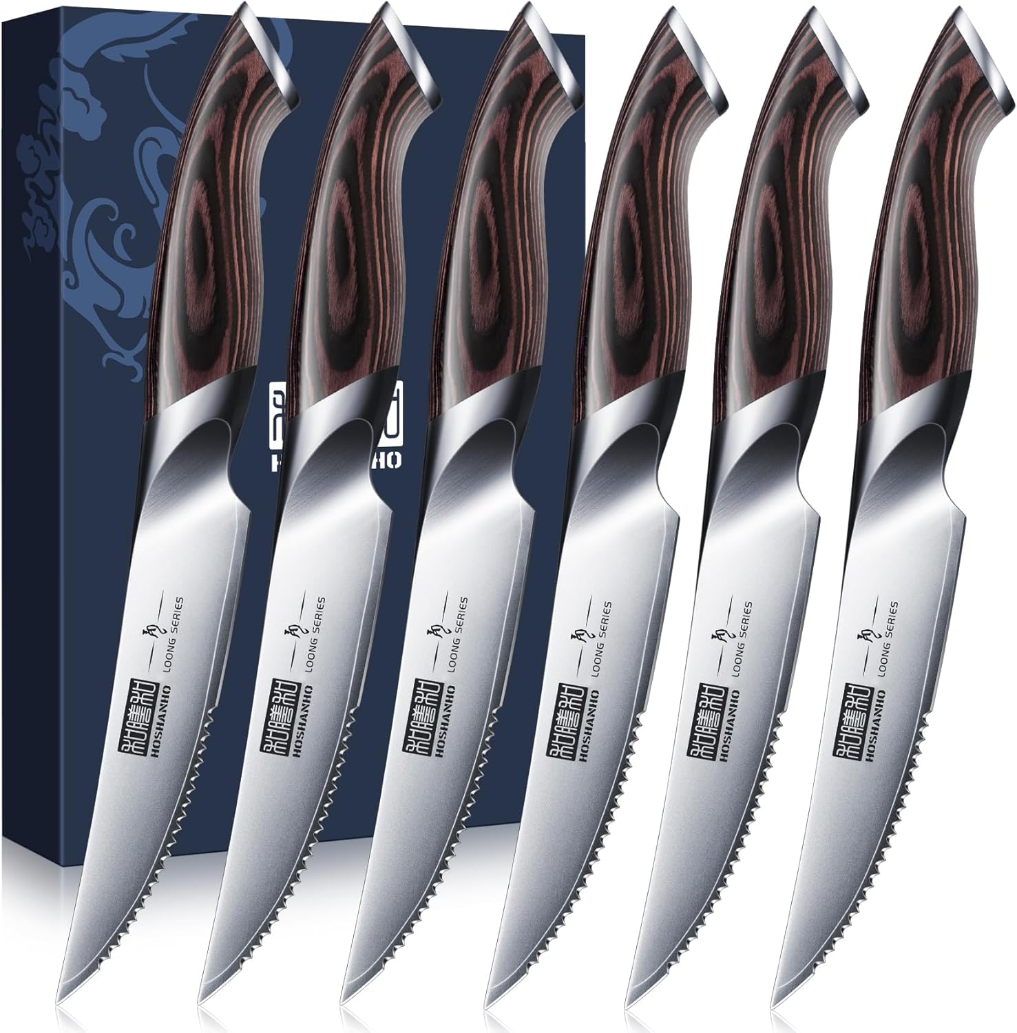 Steak Knives Set of 6, Ultra Sharp 4.5 Inch Serrated Steak Knife Set, Japanese High Carbon Steel Kitchen Steak Knives with Ergonomic Handle