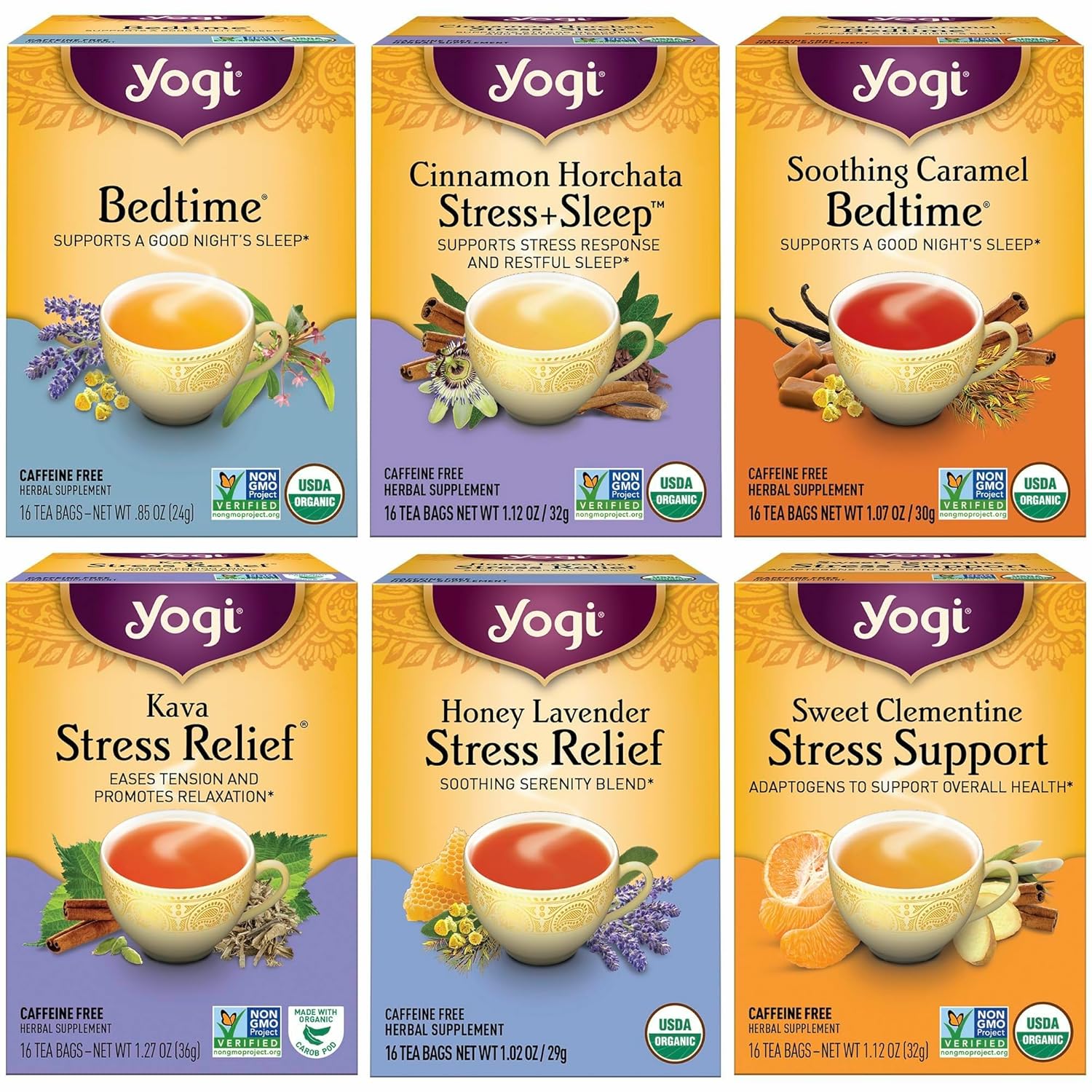 Yogi Tea Stress Relief & Herbal Tea Variety Pack - 16 Bags per Pack (6 Packs) - Organic Herbal Sampler - Includes Bedtime, Kava Stress Relief, Soothing Caramel Bedtime & More