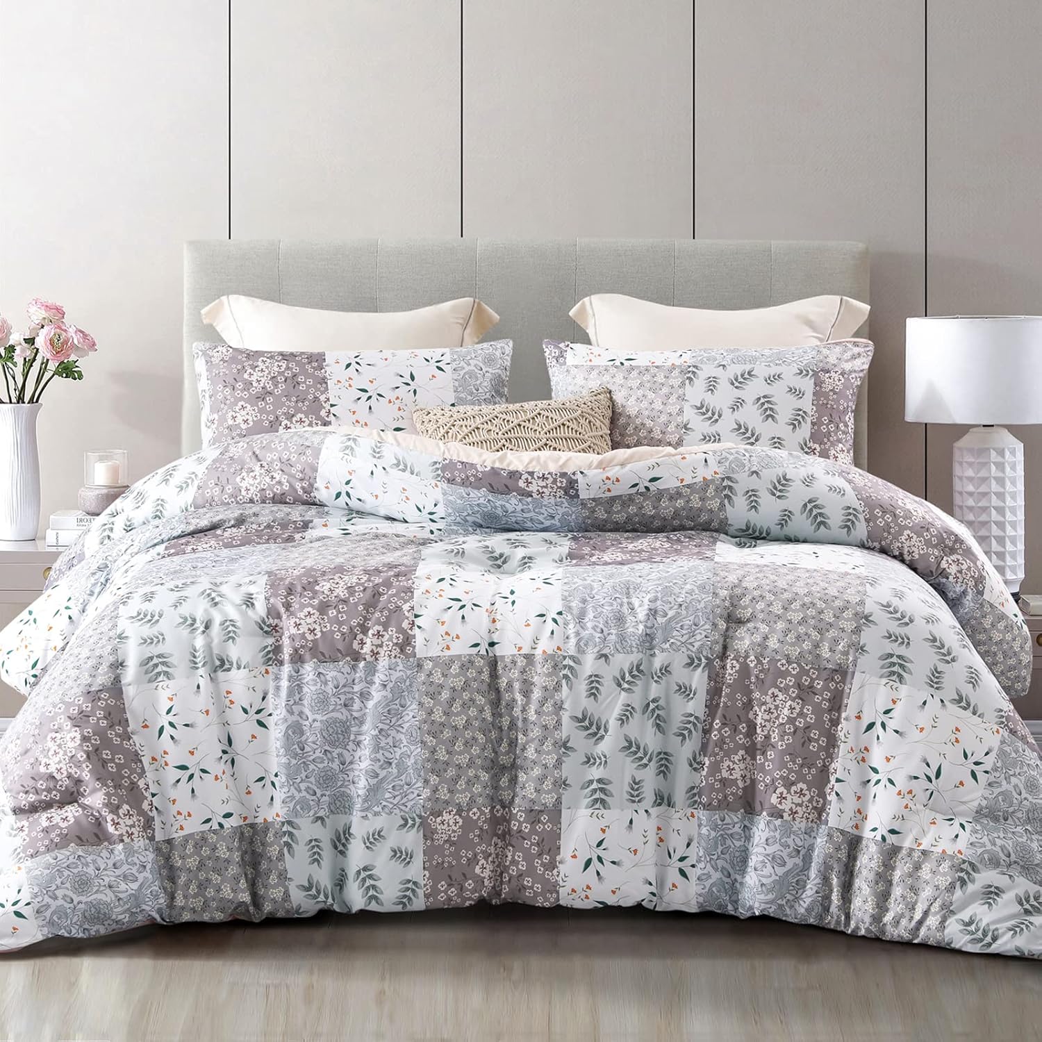 Whale Flotilla 7.5 Tog King Size Duvet Set, Soft Reversible Coverless Duvet with 2 Pillowcases, Patchwork Printed Down Alternative Bedding Comforter Sets for All Seasons, Grey
