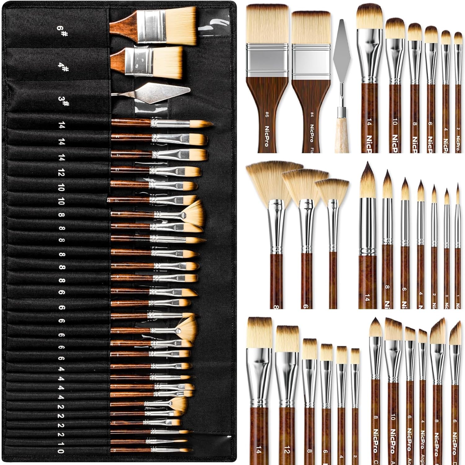 Nicpro 30pcs Paint Brush Set, Professional Paintbrushes with Paint Spatula and Cloth Roll, Craft Paint Brushes for Acrylic Painting, Oil, Watercolor, Gouache, Art Supplies for Artists and Beginners