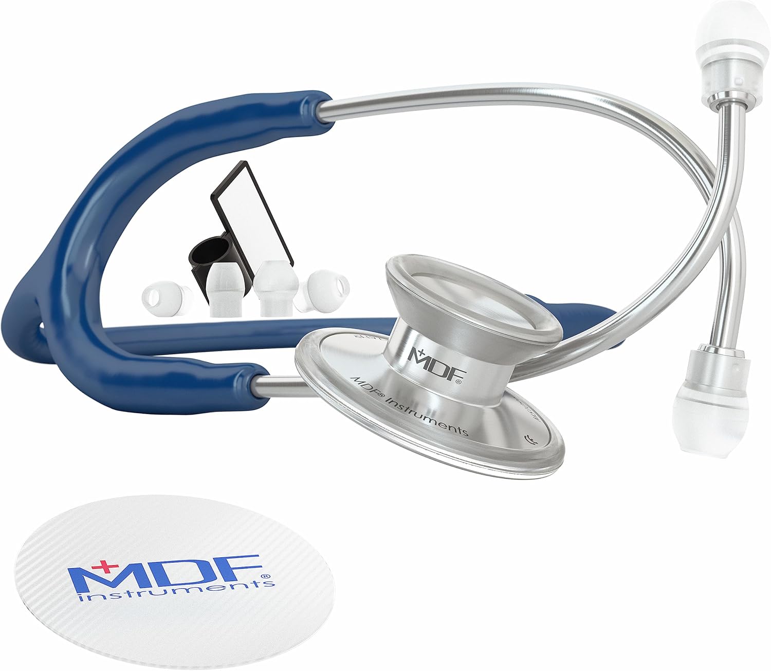MDF Instruments, Acoustica Lightweight Stethoscope for Doctors, Nurses, Students, Home Health Use, Adult, Dual Head, Navy Blue Tube, Silver Chestpiece-Headset, MDF747XP04