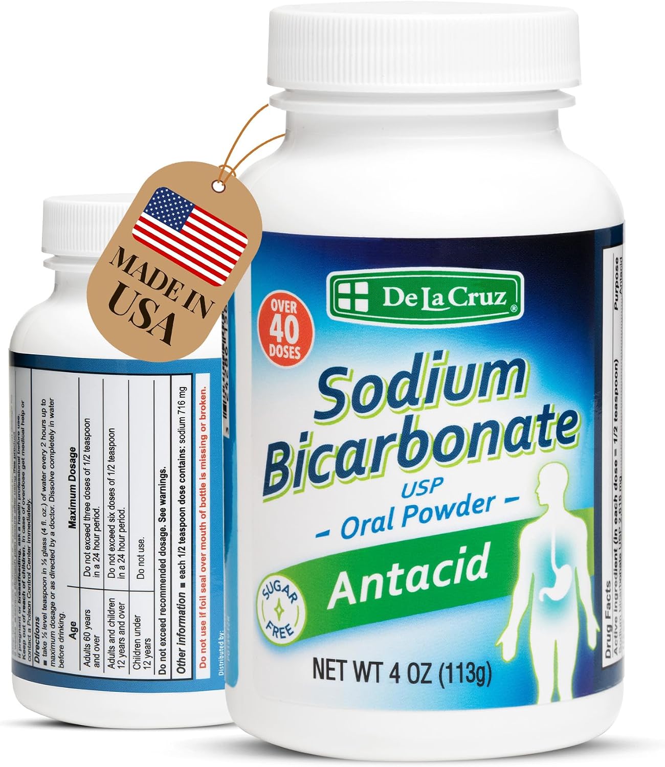 De La Cruz Pure Sodium Bicarbonate - USP Grade Bicarbonate of Soda – 100% Pure Baking Soda – Aluminum Free Antacid Powder for Heartburn & Indigestion - Packed in USA, 4 OZ.