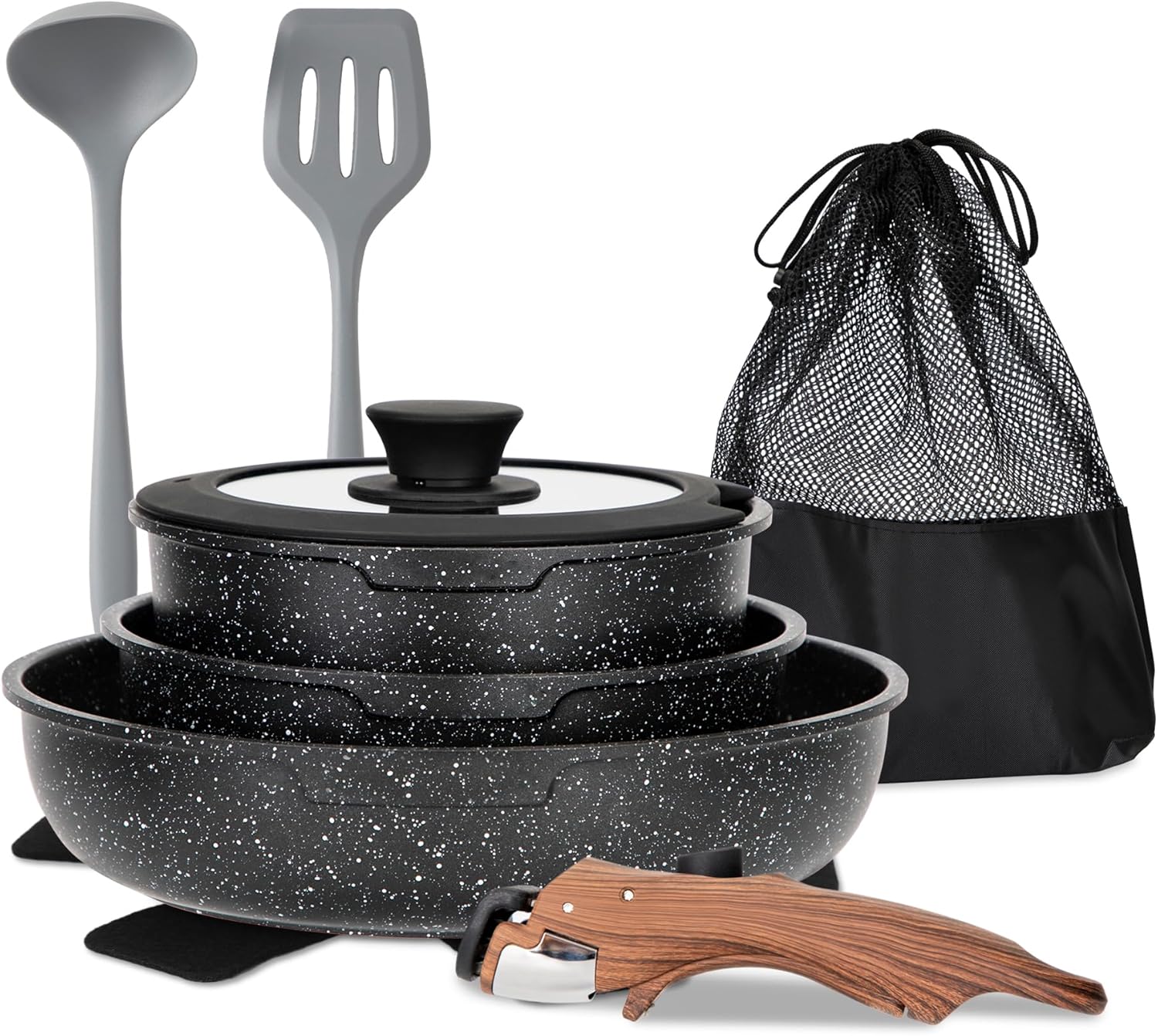 MAISON ARTS Detachable Handle Pots and Pans Set, 10 Piece Nonstick Induction Cookware Sets with Removable Handle, Black Granite Cooking Set, Ideal for Camping and RVs