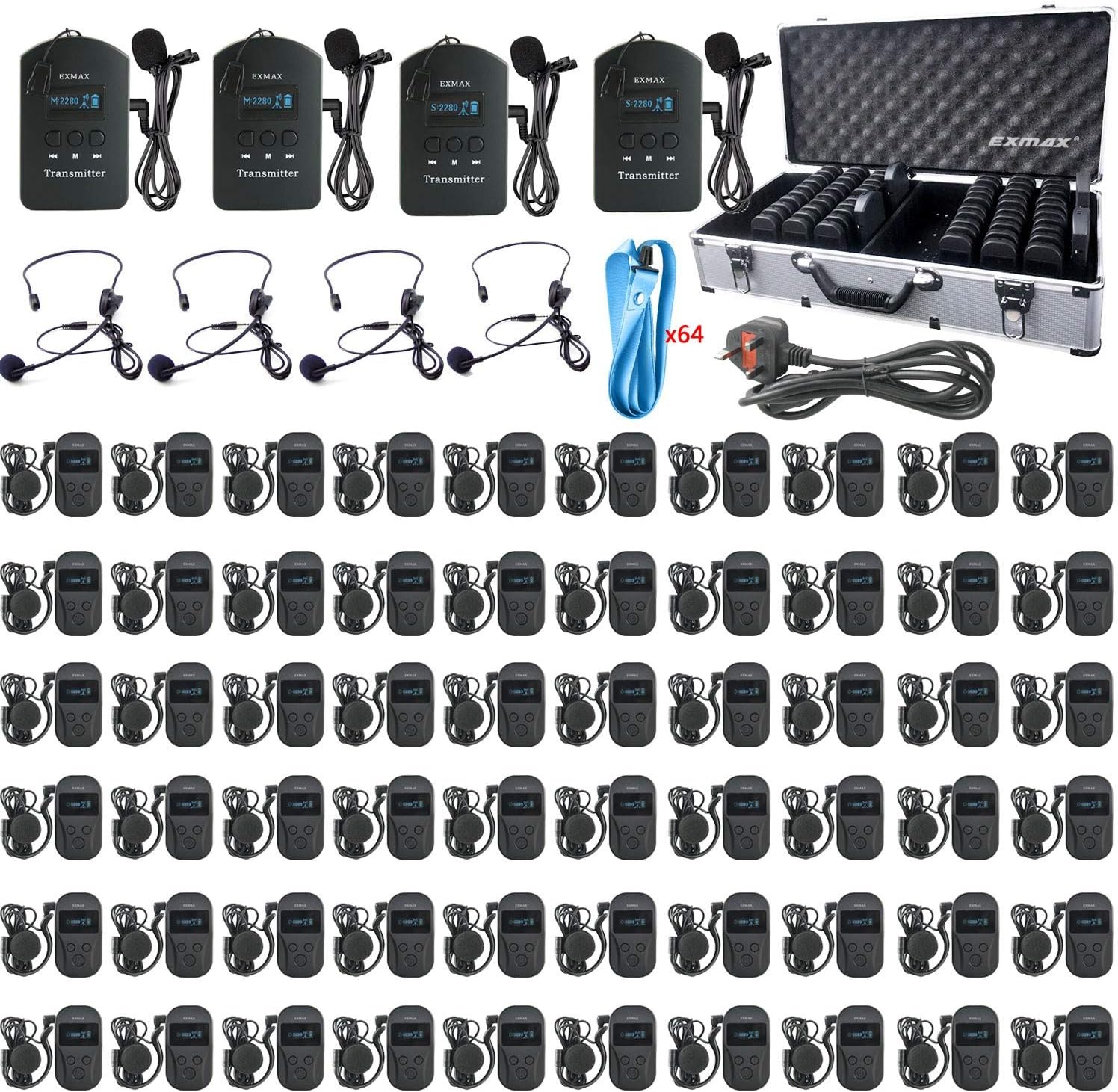 EXMAX EXD-101 2.4GHz Wireless Church Translation Equipment Tour Guide System for Summit, Presentations,Assisted Listening,hajj,Exhibition - 4 Transmitters & 60 Receivers with 64-slot Charging Case