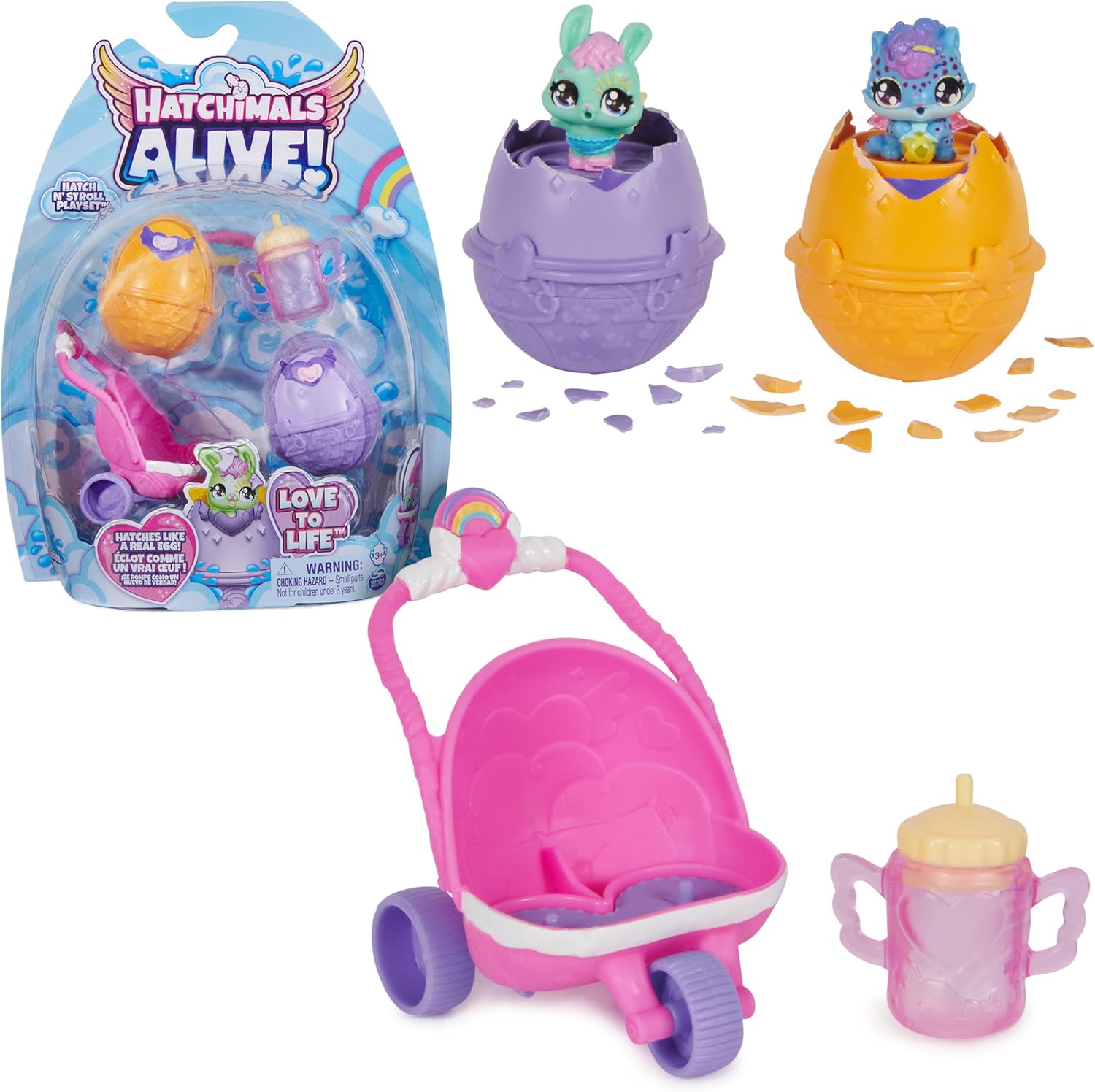 HATCHIMALS Alive, Hatch N’ Stroll Playset with Pushchair Toy and 2 Mini Figures in Self-Hatching Eggs, Kids’ Toys for Girls and Boys Aged 3 and up
