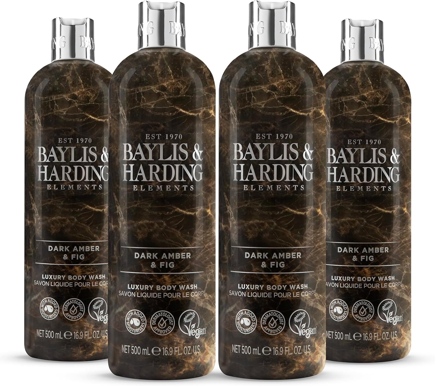 Baylis & Harding Elements Dark Amber & Fig Luxury Body Wash, 500 ml (Pack of 4) - Vegan Friendly