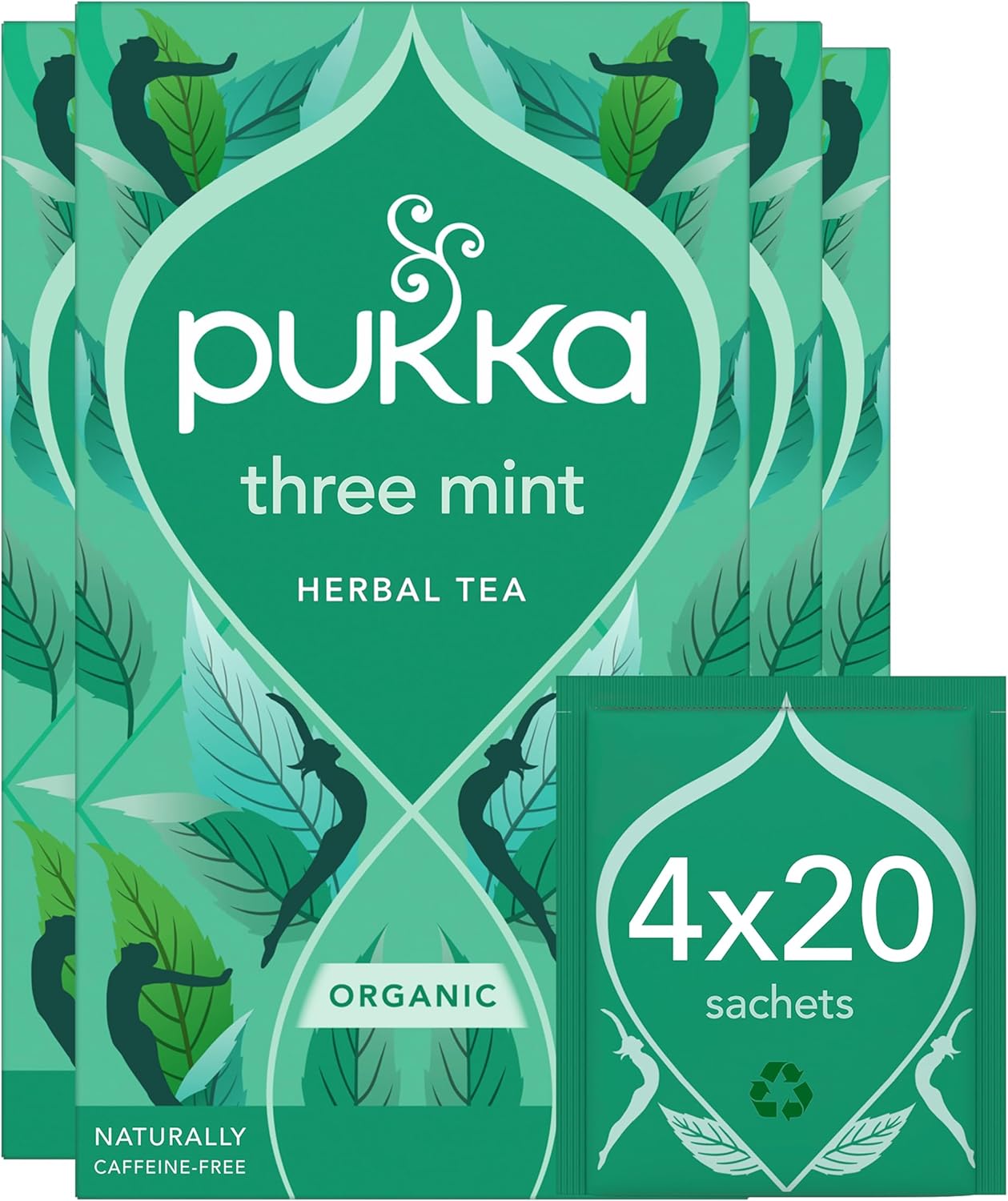 Pukka Herbs | Three Mint Organic Herbal Tea Box | Tea Infusion With Spearmint, Peppermint, Fieldmint | Ideal For Digestion | Sleep | Caffeine Free | 4 Packs | 80 Plant Based Biodegradable drink