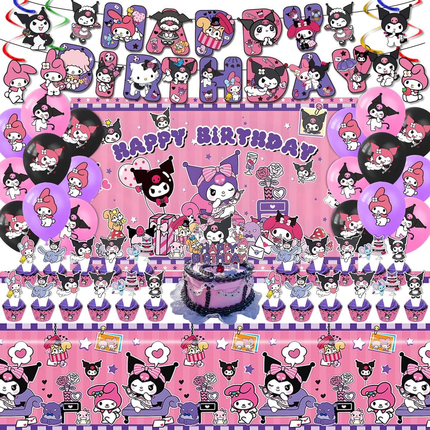 AVONO Kuromi Birthday Party Supplies, Party Decorations Set Include Banner, Backdrop, Balloons, Hanging Swirls, Cake Cupcake Toppers, Tablecloth for Girls Kuromi Theme Party