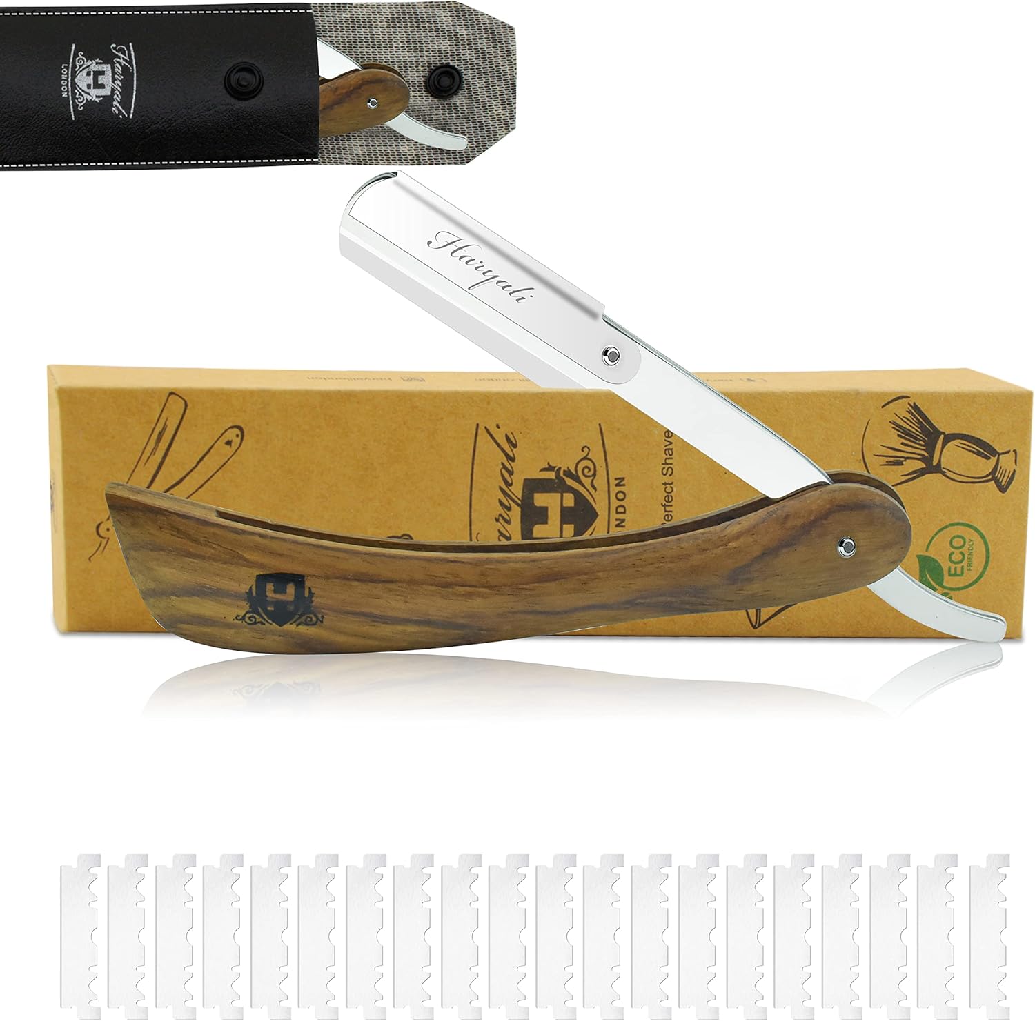 Haryali London Men's Razor Set - Barber Razor Knife with Interchangeable Blade Our Beard Knife with Leather Case Straight Razor Wood Handle