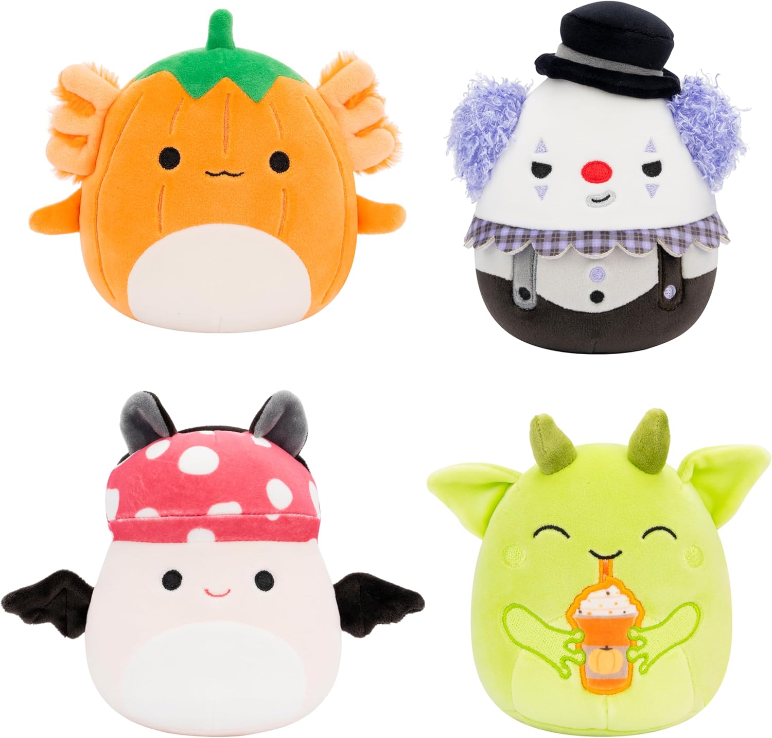 Squishmallows Original 5-Inch Halloween 4-Pack – Gabin Pumpkin Axolotl, Fitzy Goblin Holding Latte, Malcolm Bat Mushroom, Ms. K Purple Clown – Official Jazwares Plush (Little)