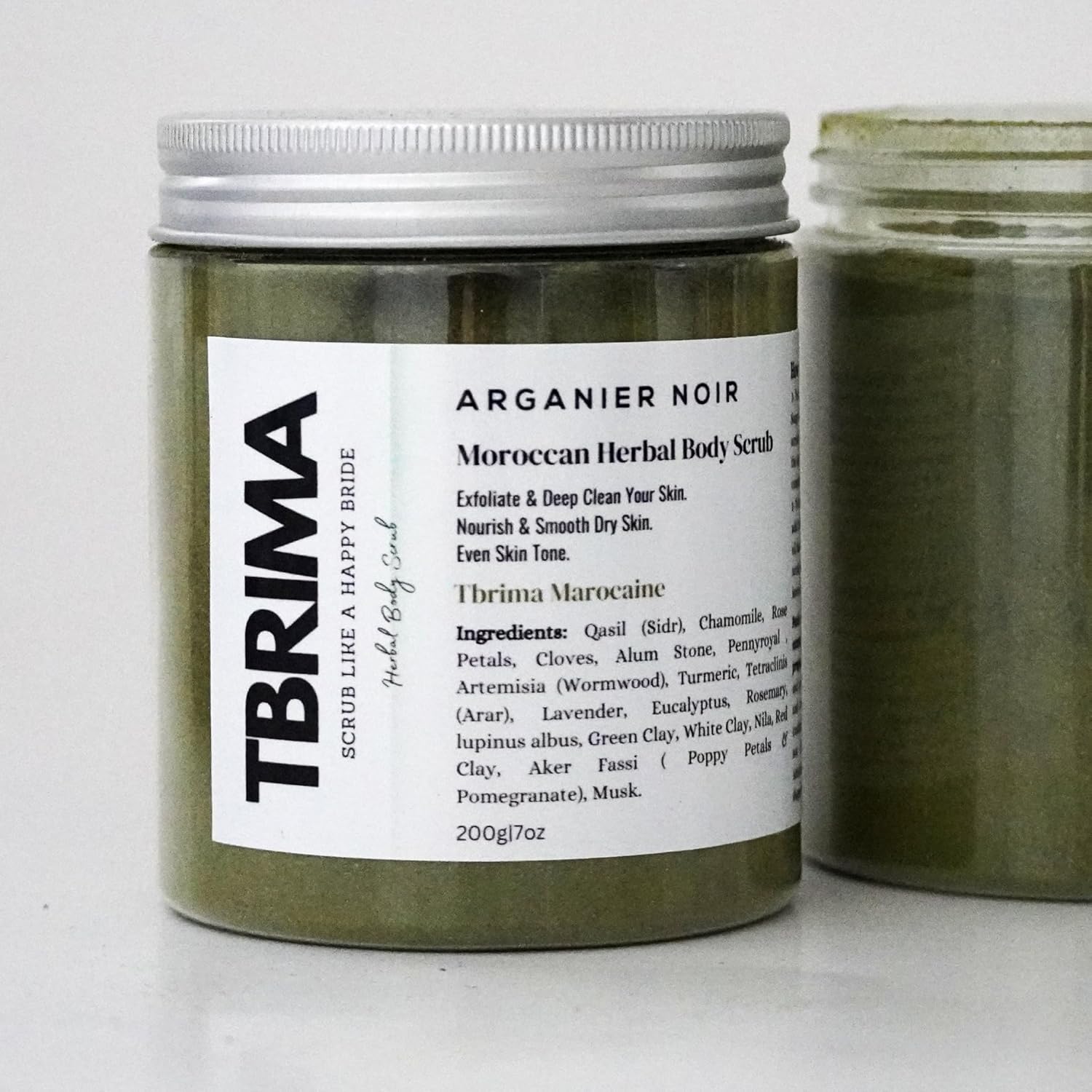 Tbrima Moroccan Herbal Scrub, Tabrima Sahraouiya a mix of natural herbs from Morocco to nourish, deep clean, smooth and even skin tone. 7oz