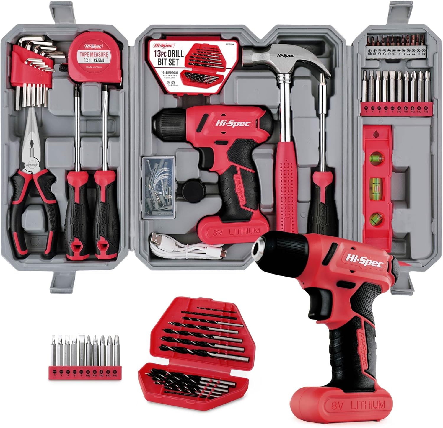 Hi-Spec 57pc Red 8V Electric Drill Set & Household Kit – DIY Hand Tools, Cordless Power Screwdriver, Essential Set with Drill Bits for Home Repairs, Maintenance & Projects