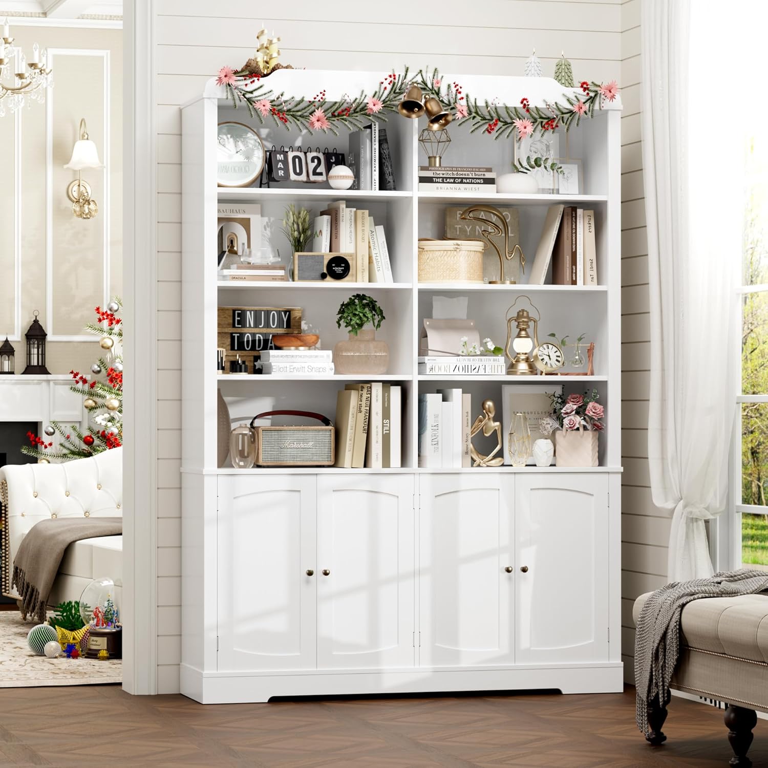 73.1" Tall Bookcase and Bookshelf, Wide Bookshelf with Doors and Adjustable Shelves, 6 Tier Large Bookshelf with Storage, Tall Storage Cabinet for Living Room, Home Office, White