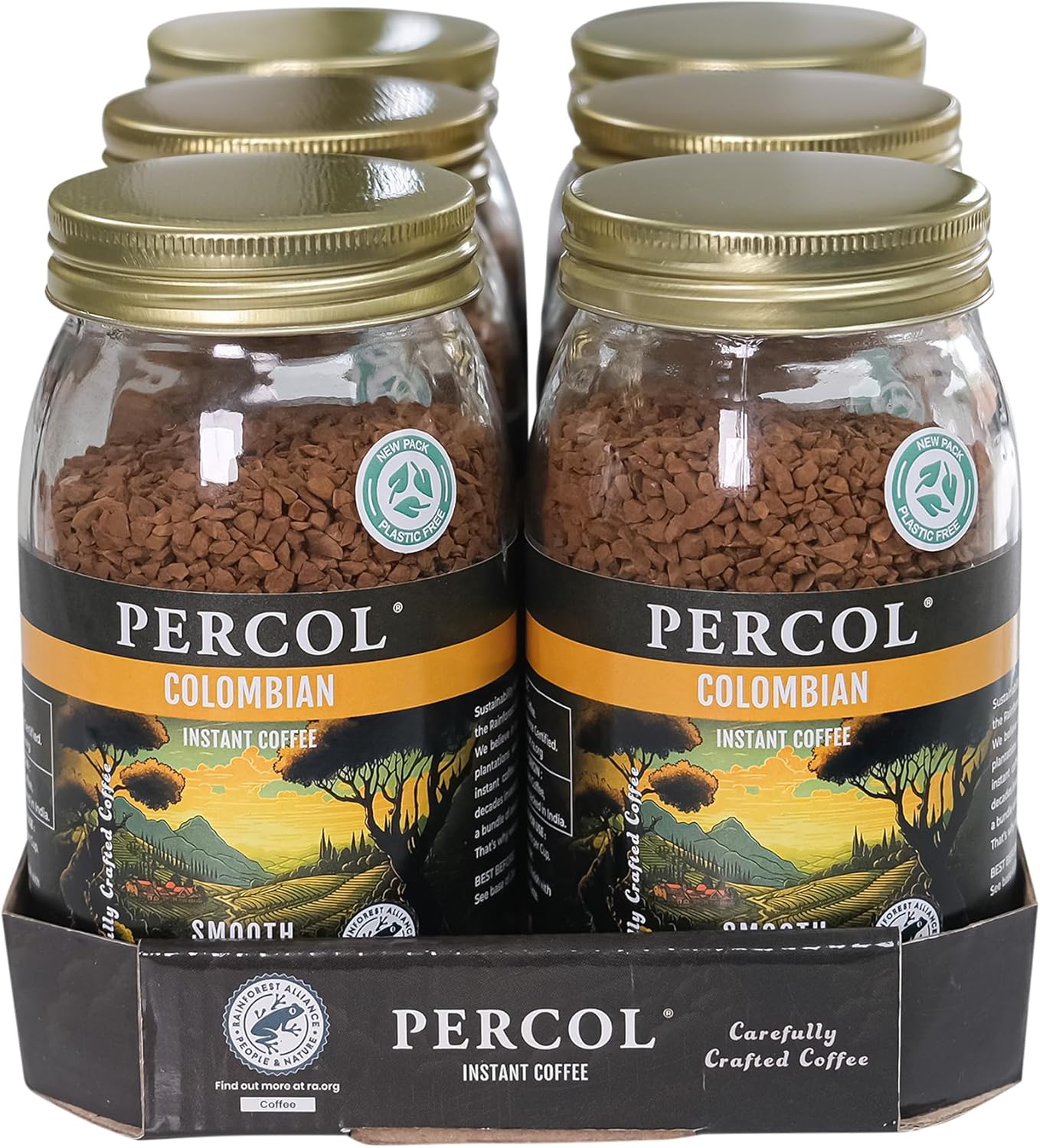 Percol - Smooth Colombian Instant Coffee (6x100g), 100% Hand-Picked Colombian Arabica, Freeze Dried, Light & Fruity Citrus Notes, Strength 3, Sustainable, Metal Lid, Recyclable, Rainforest Alliance