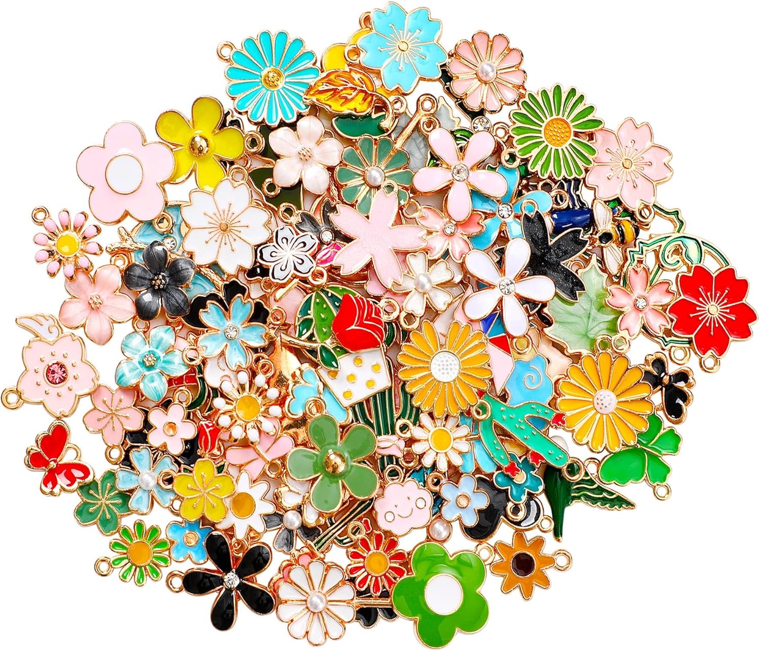 MARFOREVER 120 Pcs Spring Summer Floral Themed Charms, Flower Charms for Jewelry Making, Assorted Gold Enamel Charm Pendants for DIY Necklace Bracelet Earrings Supplies Gifts for Mom Women
