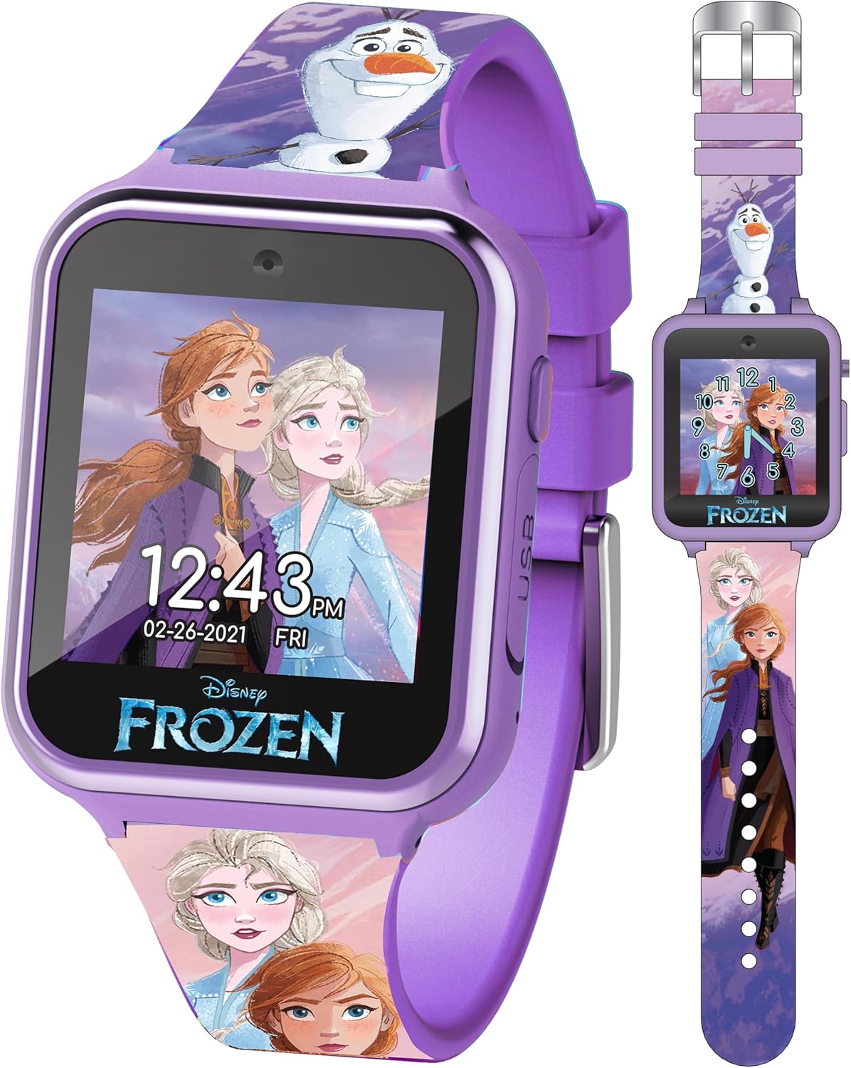 Disney Frozen II Kids Smart Watch - Touchscreen with Games, Camera, Step Counter, Alarm, Timer, and Printed Silicone Strap - Fits Wrists 5.5" to 8.0"