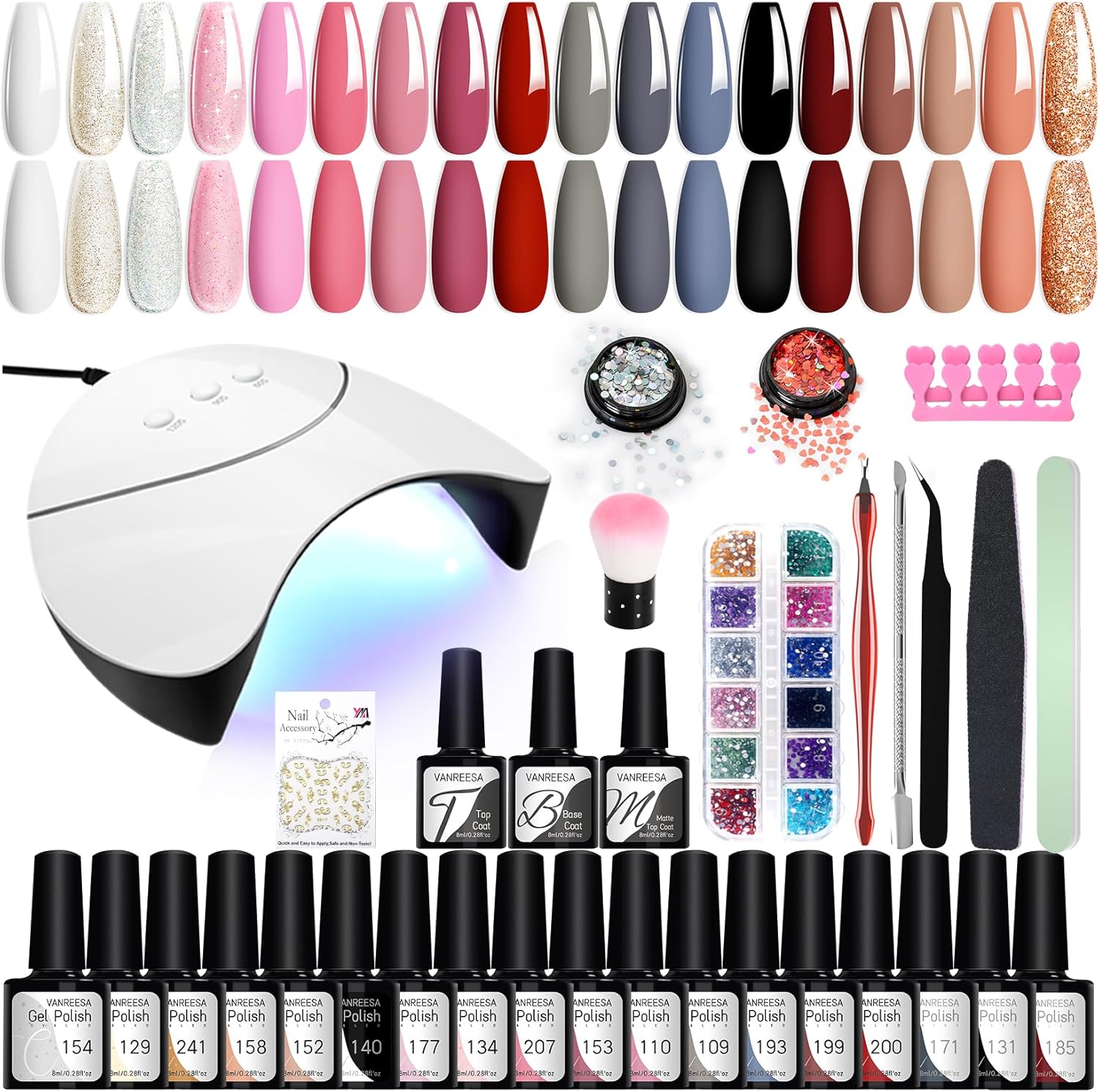 VANREESA Gel Nail Polish Set, 18 Colours Gel Nail Kit with 36W U V Lamp Classic Nude Pink Brown Dark U V Nail Polish Starter Set with Base and Top Coat Manicure Salon Kit DIY at Home Gifts for Women