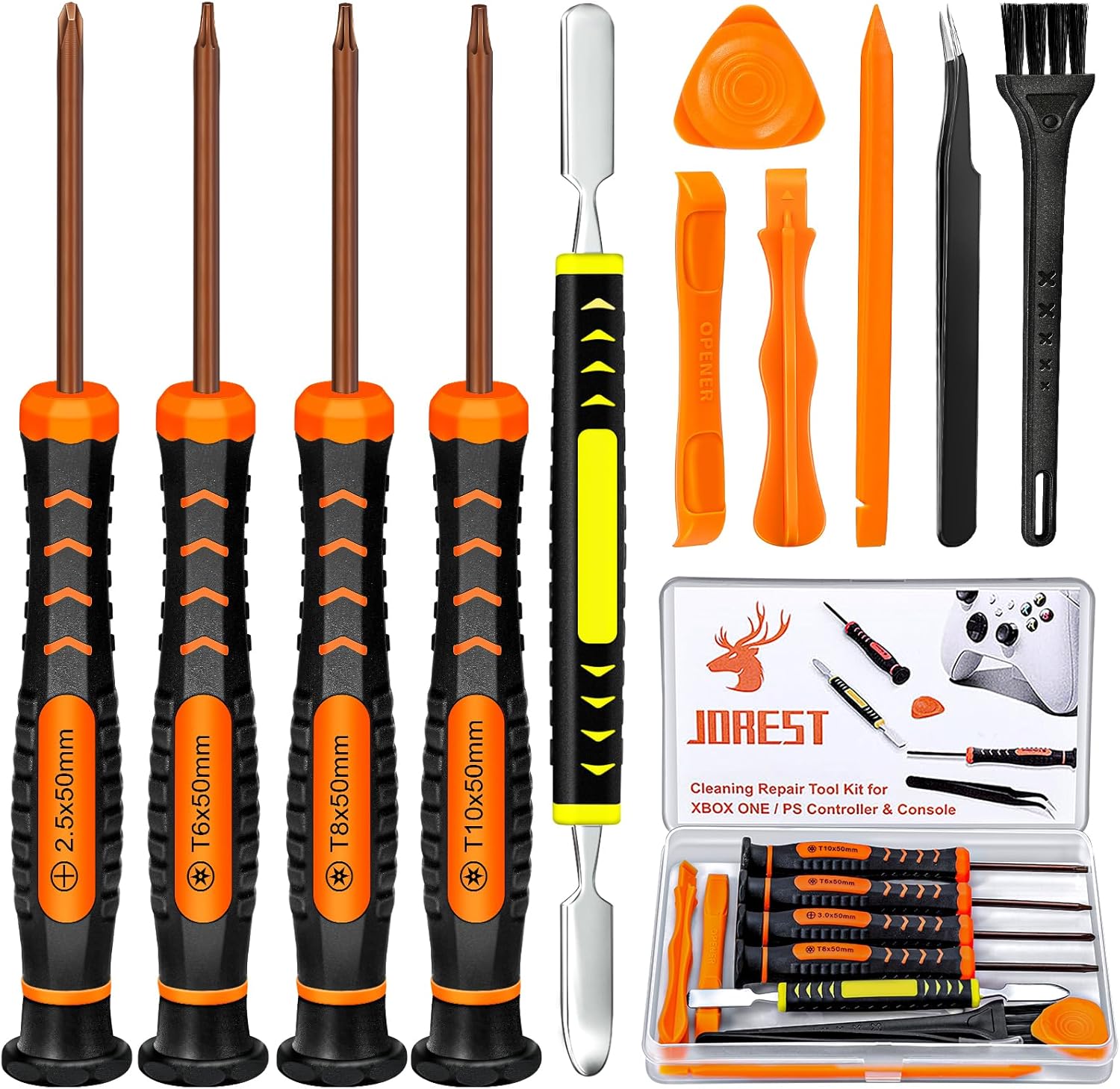 JOREST Repair Kit for Xbox One/360/X PS4 PS3 PS5, PH0 T6 T8 T10 Torx Security Screwdriver, Crowbars,Tweezers, Cleaning Tool for Controller and Console