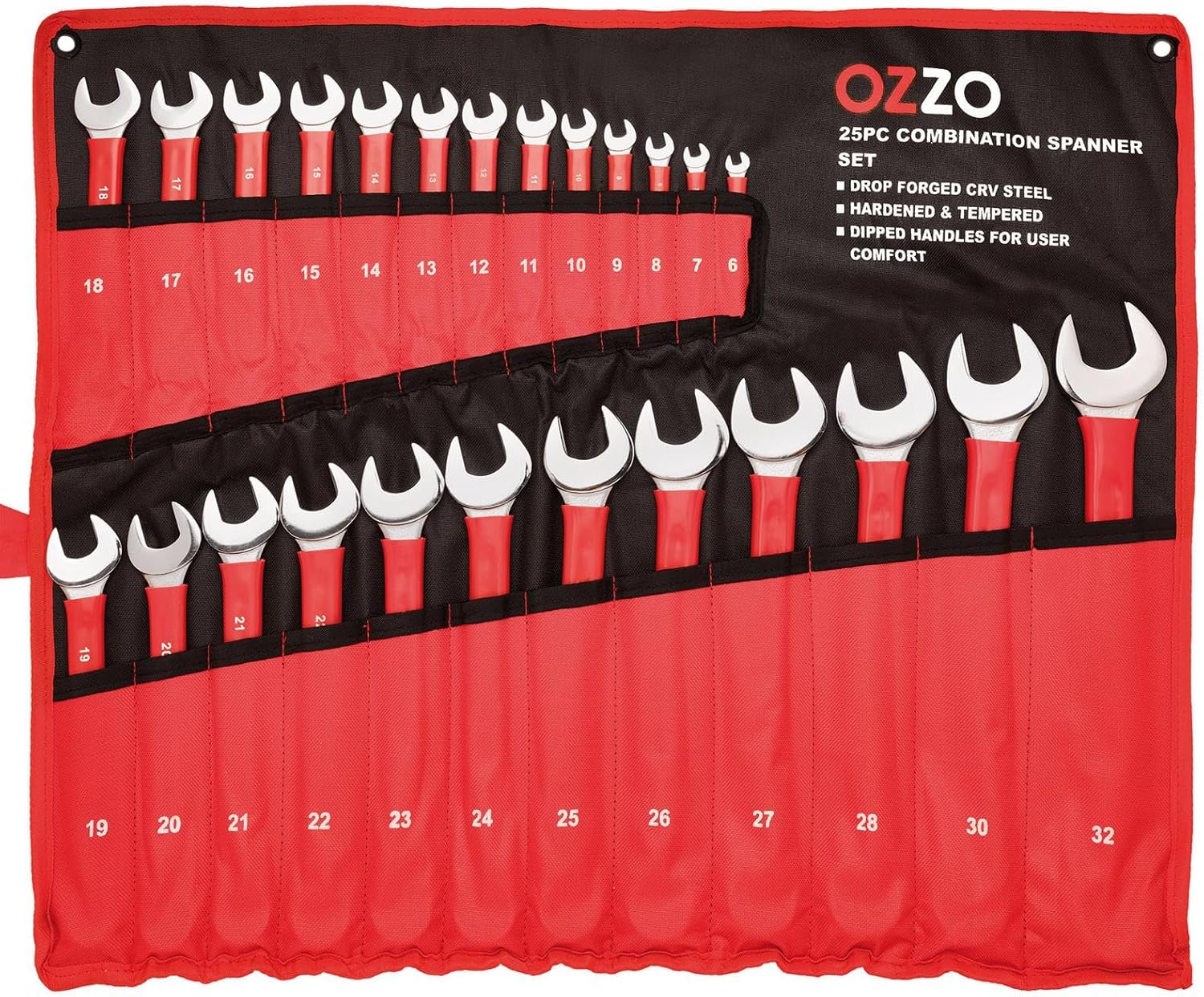 OZZO 25 Piece Combination Metric Spanner Set (6-32mm) | Open Ended & Ring Wrench Set with Storage Tool Roll | CRV Steel Heavy Duty Hand Tools | Soft Grip Dipped Handles