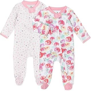HonestBaby Baby Girls' 2-Pack Sleep and Play Footed Pajamas One-Piece Sleeper Jumpsuit Zip-front Pjs Organic Cotton
