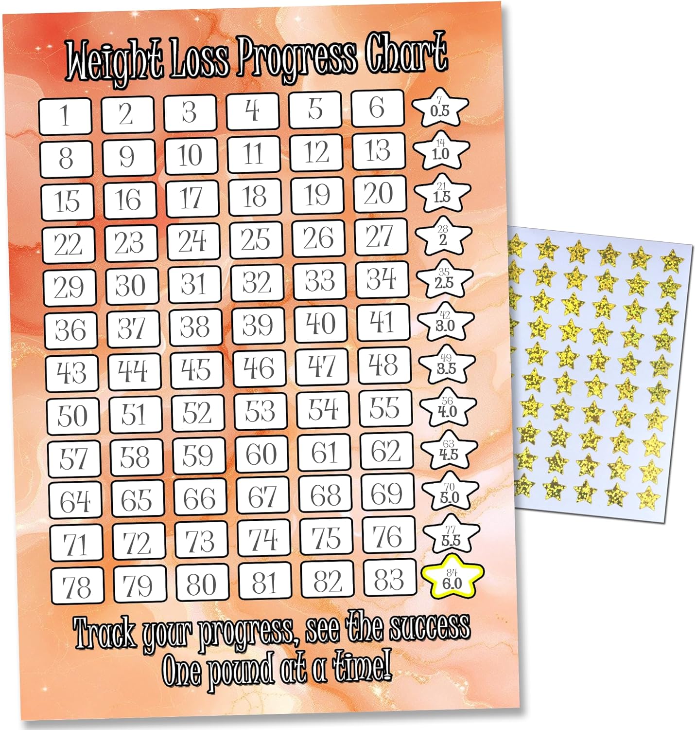 Weight Loss Progress Tracker Chart, 6 Stone Goal, A4 Size with Gold Star Stickers