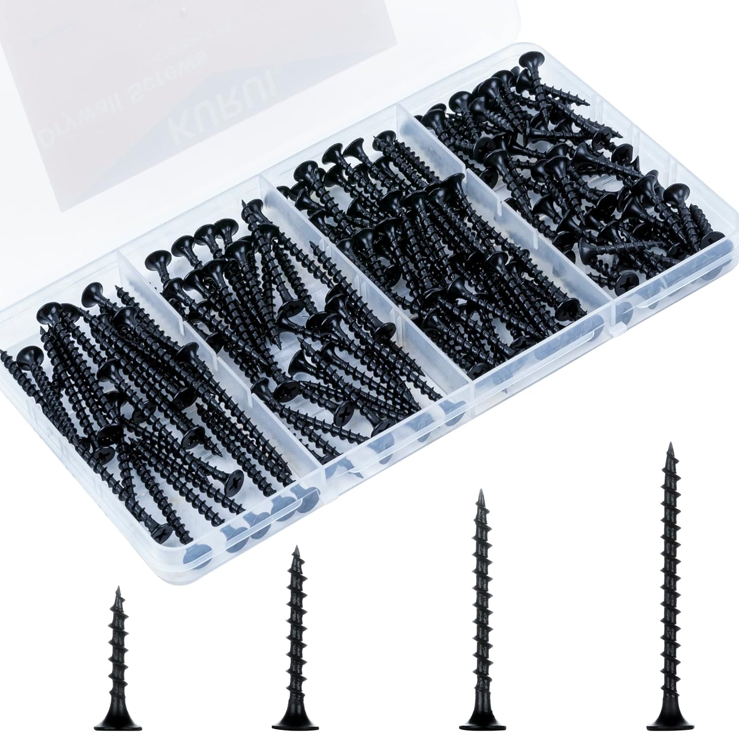 KURUI Drywall Screws Assortment Kit, #6 Black Wood Screws for Sheetrock,165pcs Picture Hanging Kit for Frame Painting Art Photo, Phillips Coarse Dry Wall Screw 4 Sizes 1",1-1/4",1-5/8",2"
