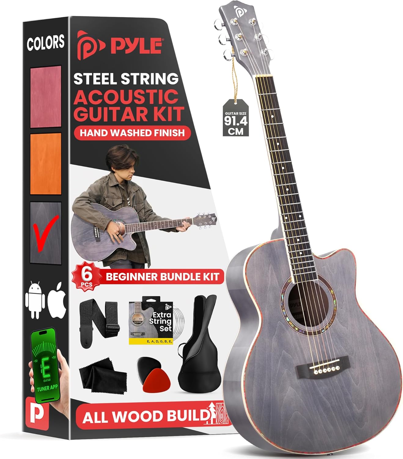 Pyle Cutaway Acoustic Guitar Kit - 3/4 Size 36"/91cm for Beginners, Kids, Adults - 2 Month Free Courses, 6 Strings, Gig Bag, Tuner, Picks, Strap - Grey
