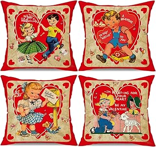 AOKE Vintage Valentines Day Pillow Covers 18x18 Inch Set of 4 Love Heart Hello Valentine Retro Throw Pillow Covers Happy Valentines Decorative Throw Pillows Rustic Valentines Day Decorations