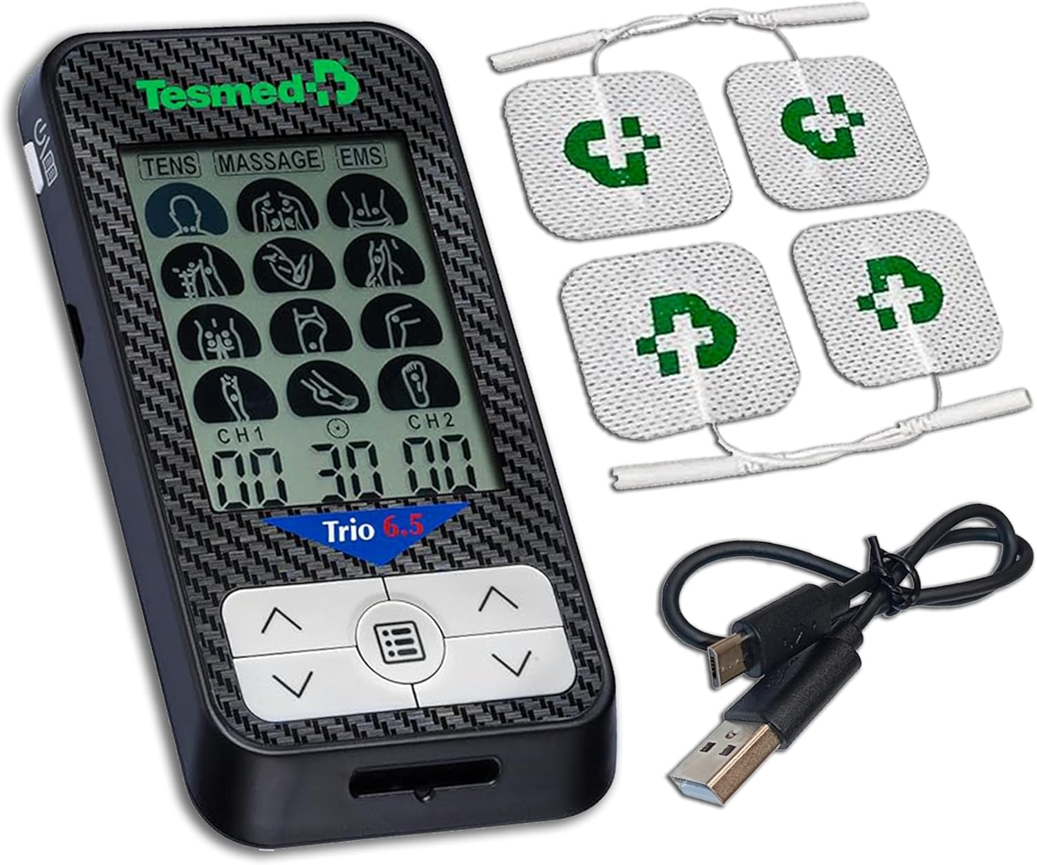 TESMED Trio 6.5: USB-Rechargeable TENS Machine for Pain Relief & EMS Muscle Stimulator, 36 Programs, 40 Intensity Levels, 4 Electrodes - EMS, TENS, and Massage - Ideal for Fitness and Pain Therapy