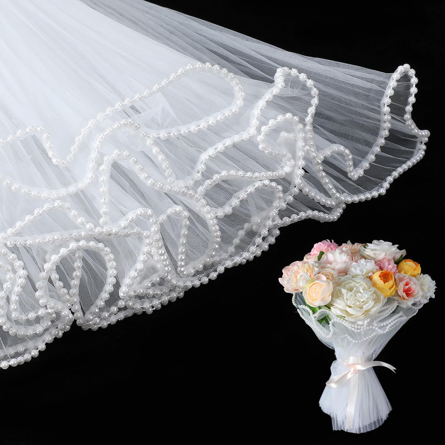 4Yards White Flower Wrapping Mesh, Pearl Edge Bouquet Wrapping Paper, Flower Wrappings for Gift Packaging, DIY Crafts and Special Occasions