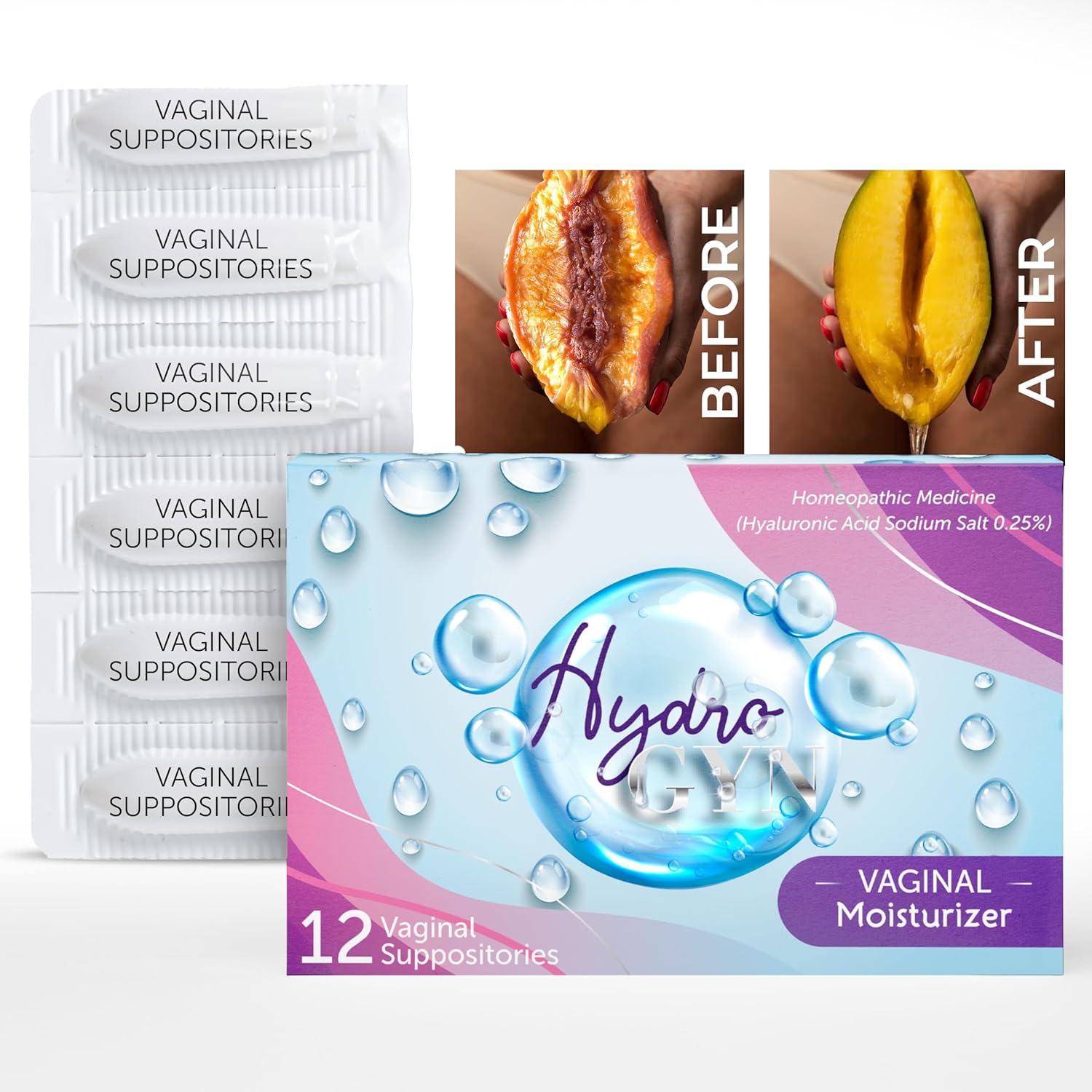 Hydro GYN Vaginal Moisturizer | Long Lasting for Vaginal Dryness & Irritation | Hyaluronic Acid & Vitamin E | Feminine Care Hormone Free | Pre and Post Menopausal 12 Suppositories