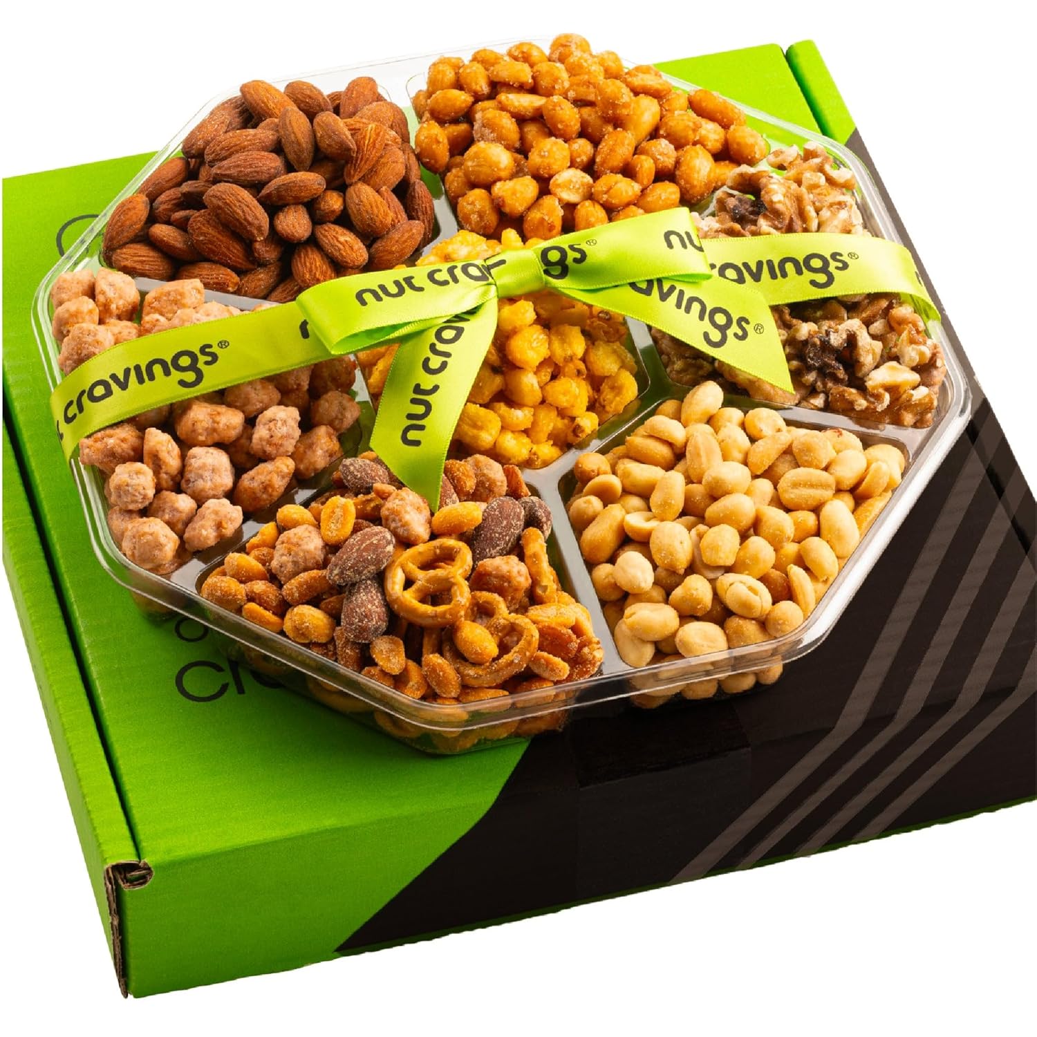 NUT CRAVINGS - Mixed Nuts Gift Basket + Green Ribbon Classic (7 Assortments, 1 LB) Food Arrangement, Healthy Snack Care Package, Kosher