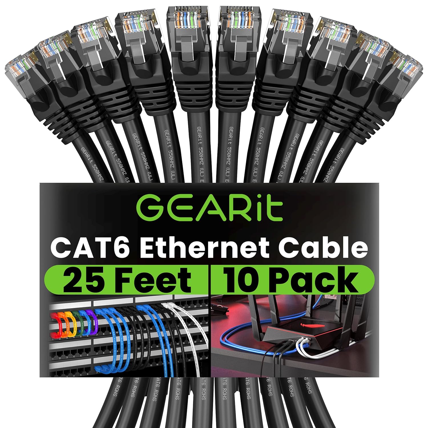 GearIT Cat 6 Ethernet Cable Cat6 Patch Cable, Cat6 Cable, Cat6 Ethernet Cable, Network Cable, Internet Cable - Black 25 Feet (Pack of 10)