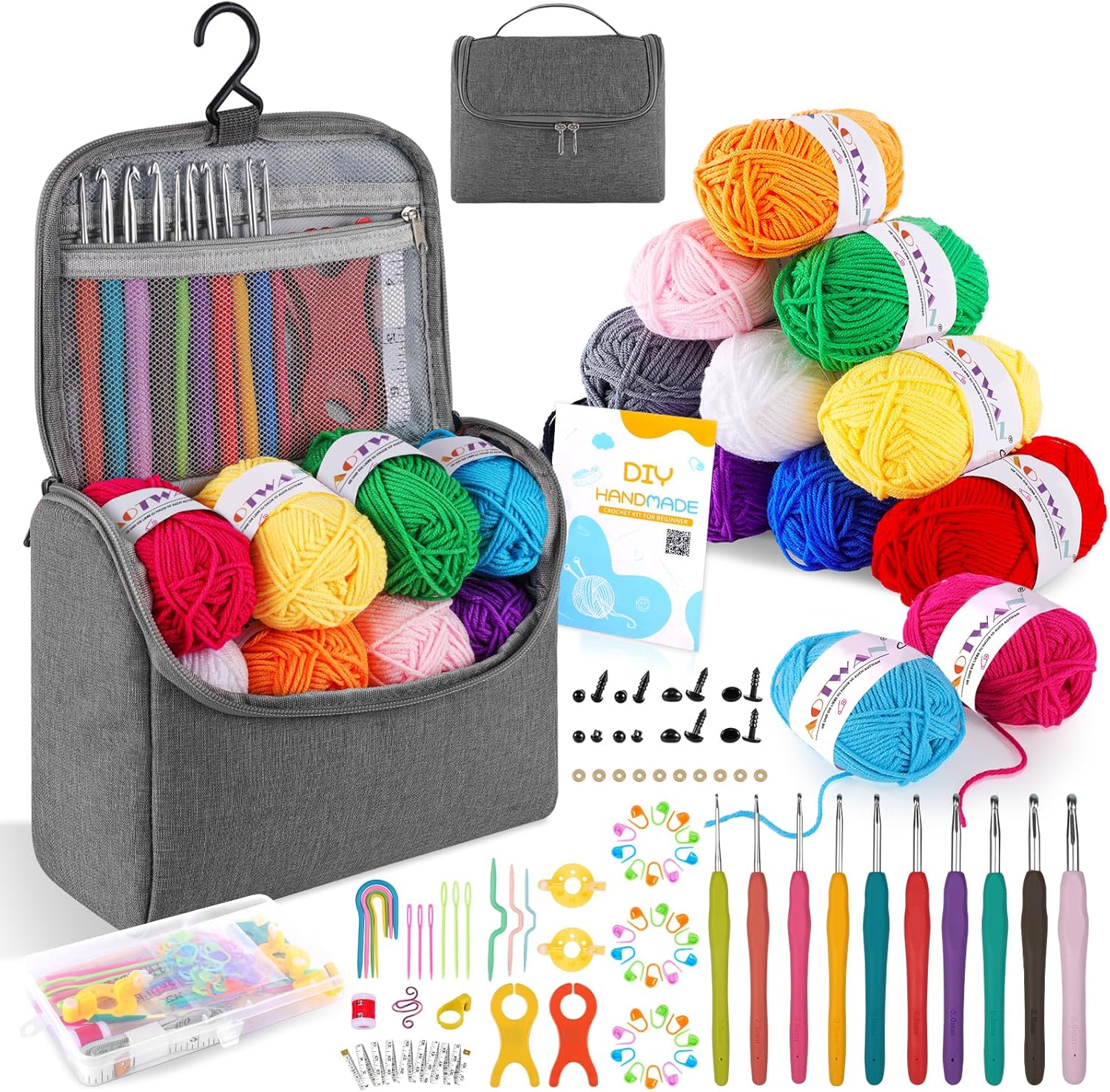 Crochet Kits for Beginners Adults Crochet Hooks Set 12Pcsx25g Crochet Yarns Include Ergonomic Metal Crochet Hooks 2-6.5mm Knitting Kit Accessories Tools Storage Case Crochet Starter Kit-Grey