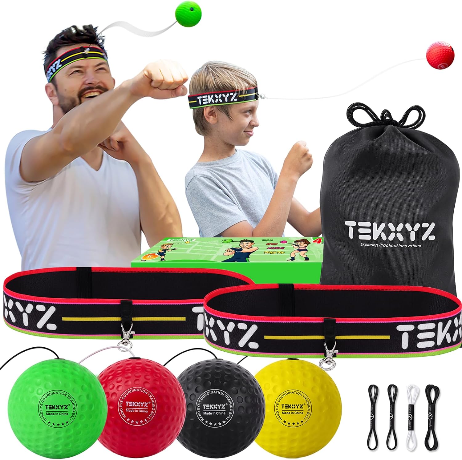 TEKXYZ Boxing Family Pack – 2 Adjustable Headbands + 2 Novice Balls + 1 Veteran Ball + 1 Boxer Ball and More