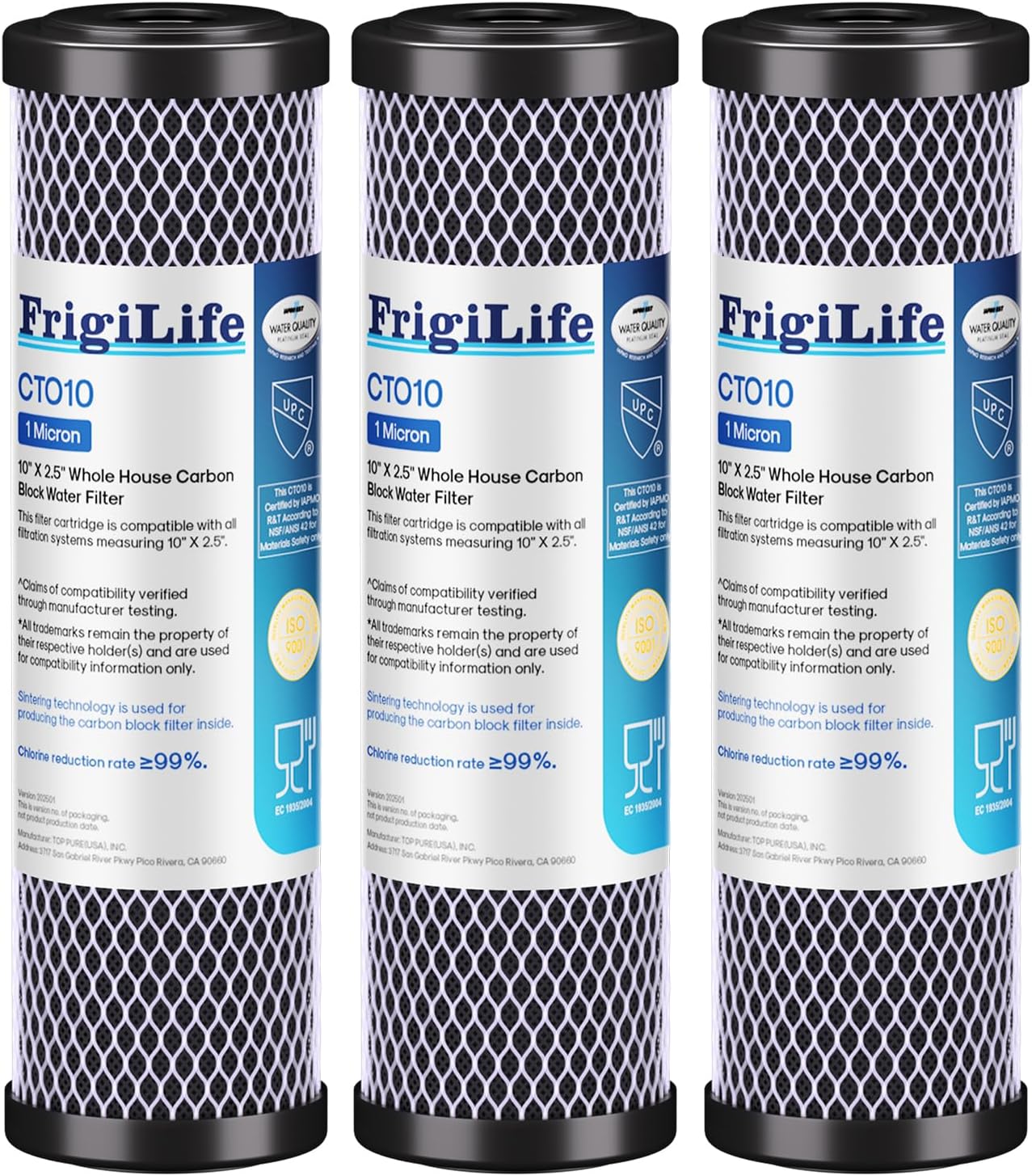 FrigiLife 1 Micron 10" x 2.5" Whole House CTO Carbon Sedimen Water Filter Compatible DuPont WFPFC8002, WFPFC9001, SCWH-5, WHCF-WHWC, FXWTC, RO Unit for Under Sink & Countertop Filtration System,3Pack