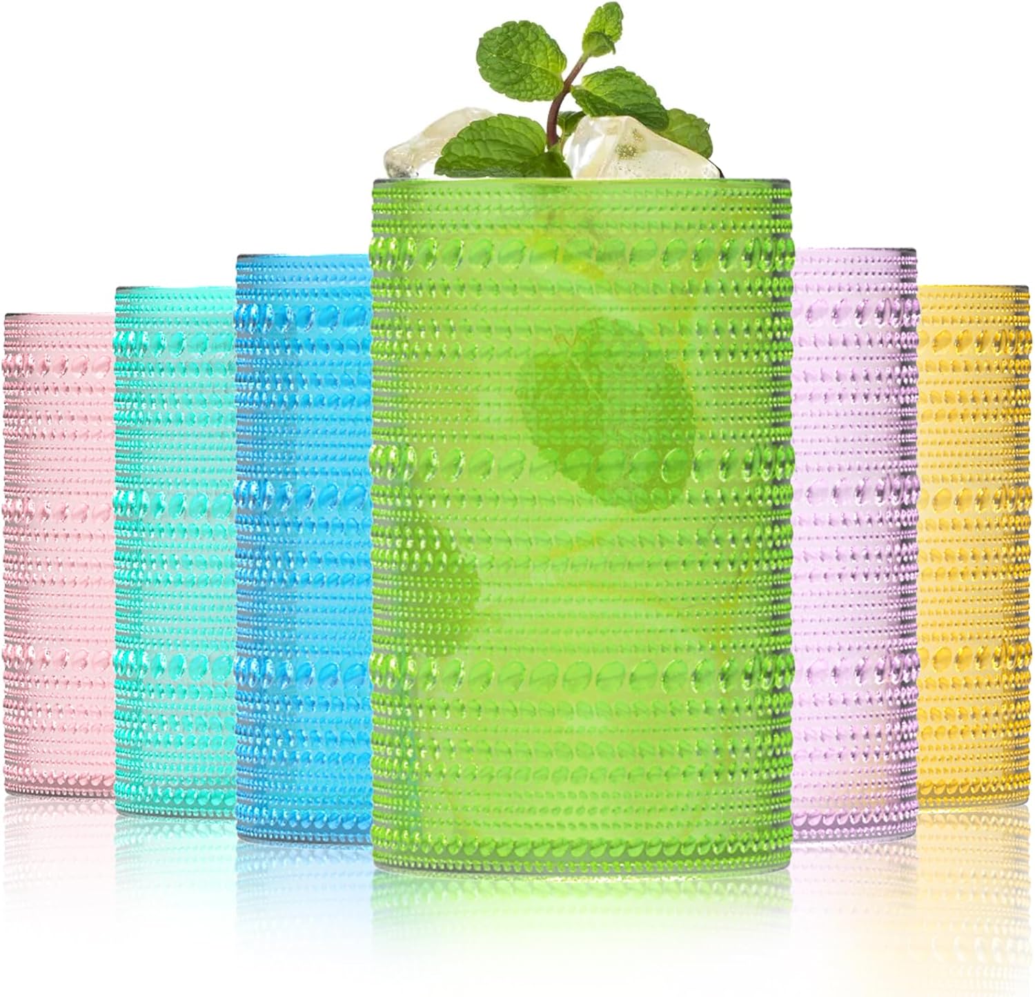 ZOOFOX Set of 6 Vintage Drink Glasses, 13 Oz Colored Hobnail Glasses Tumbler, Embossed Design Glass Tumblers Set for Water, Beverages, Juice, Beer, Cocktail, Whiskey, Milk