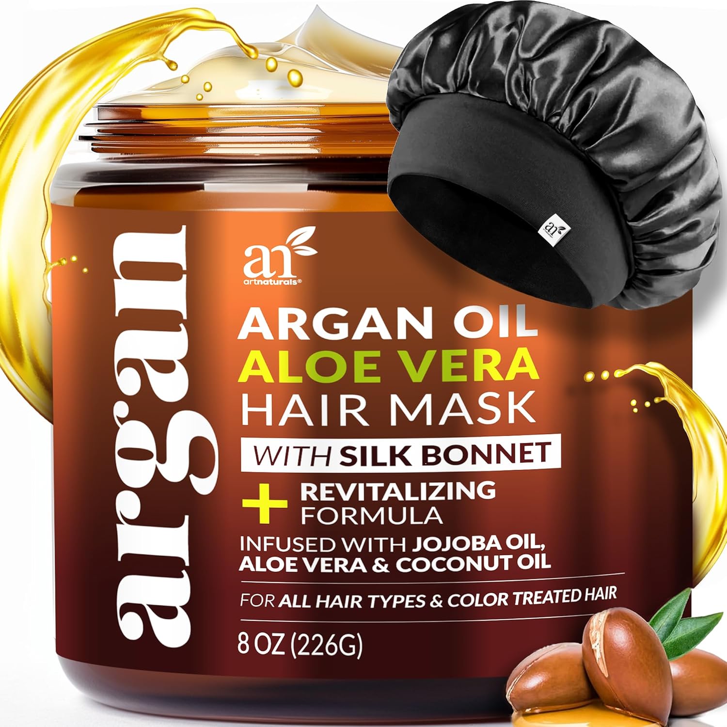 Artnaturals Argan Hair Mask Conditioner + Satin Bonnet Set - (8 Oz/226g) - Deep Conditioning Treatment - Jojoba Oil, Aloe & Keratin - Repair Dry, Damaged, Color Treated, Hair Growth - Sulfate Free