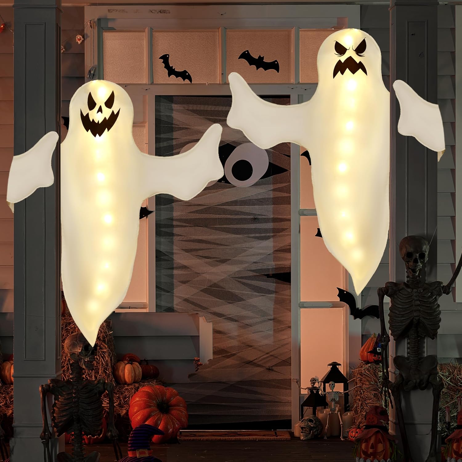JOYIN 2 Pcs 47" Halloween Light Up Ghost Decorations Outdoor, Halloween Ghost Decor with Warm LED Lights for Tree Wrap Front Yard Patio Porch, Haunted House Prop, Party Supplies