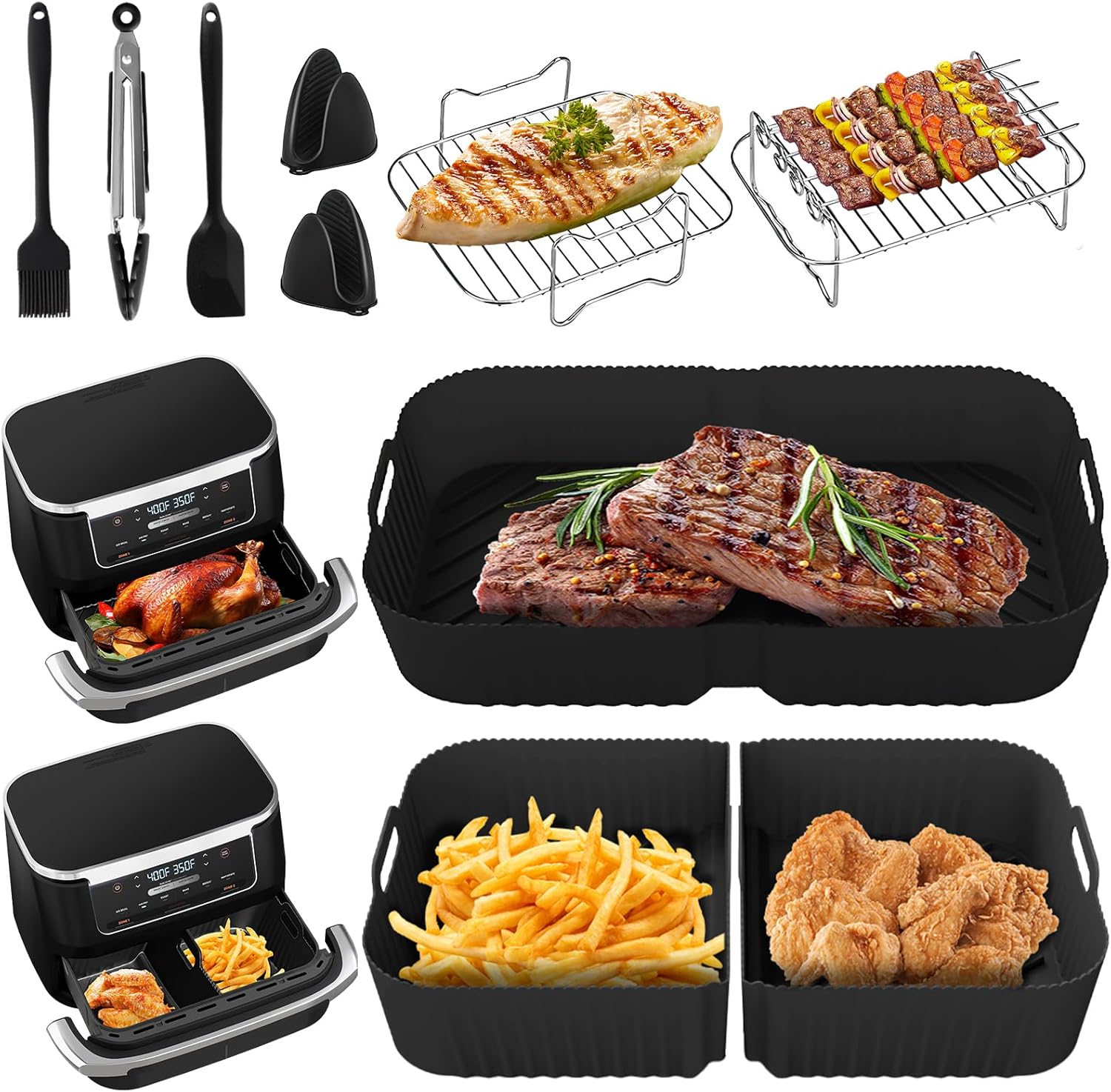Silicone Air Fryer Liner for Ninja Foodi Flexdrawer AF500UK/AF500UKCP, 1 * 10.4L+2 * 5.2L Large Dual Air Fryer Accessories, Including Air Fryer Baskets, Grilling Rack, Gloves, Oil Brush, Tong