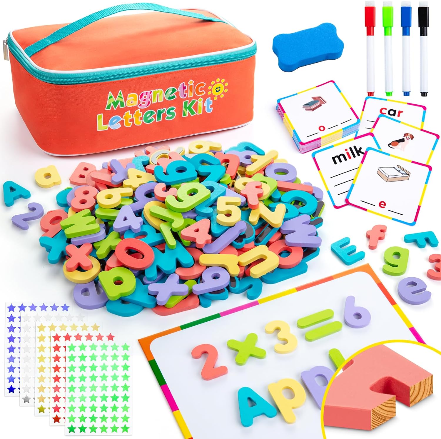 Classroom Magnetic Letters, 278 Pcs Wooden Alphabet Magnets with Double Sided Magnet Board Word Cards, Magnetic Letters and Numbers for Kids Spelling, ABC Fridge Magnets Education Toys