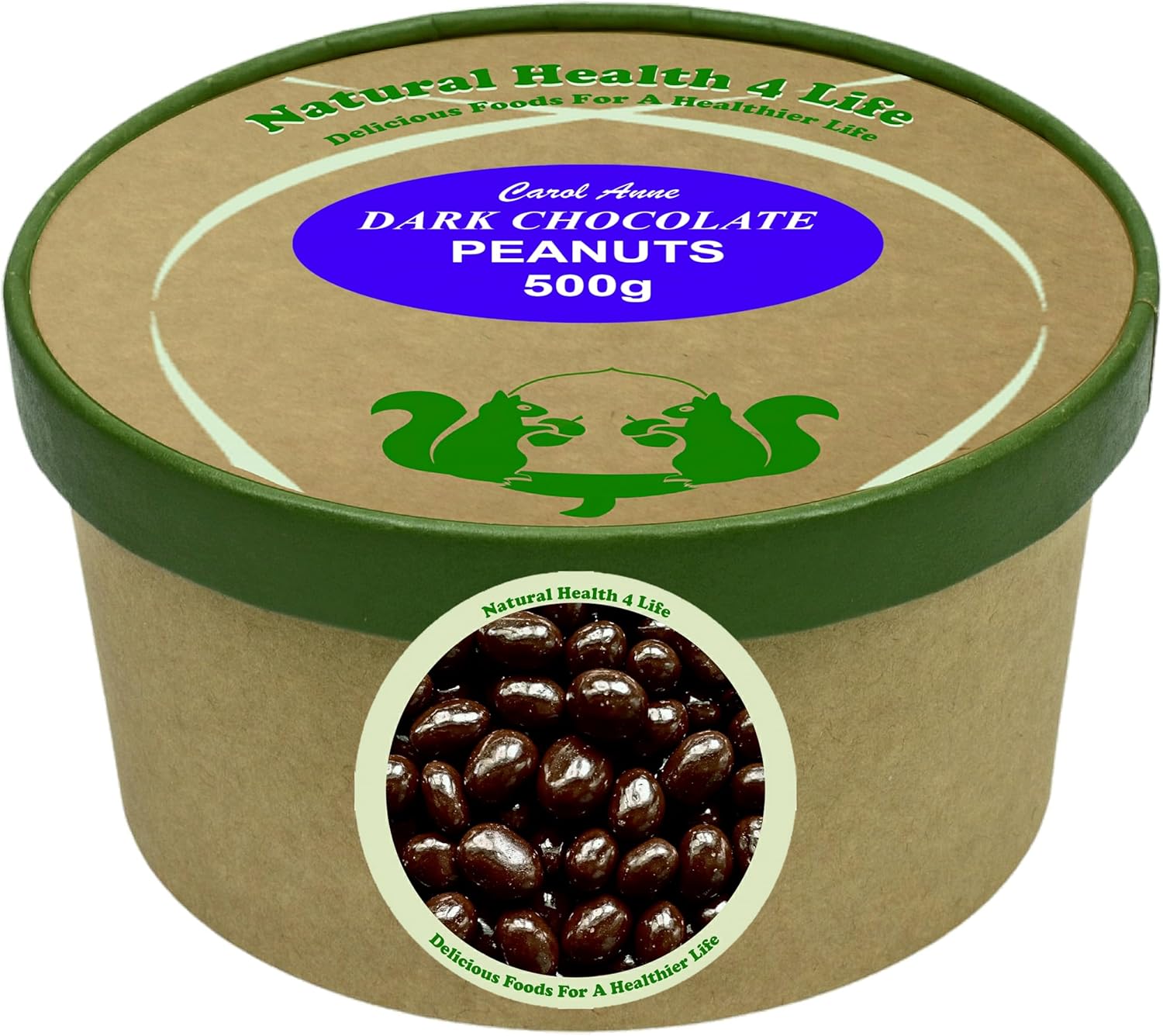 Natural Health 4 Life Carol Anne Confectionery Dark Chocolate Peanuts 500g, Chocolate Covered Peanuts in Recyclable Tub, 16.6g Protein per 100g, Vegetarian Snack for Refilling, Made in UK (1 Tub)