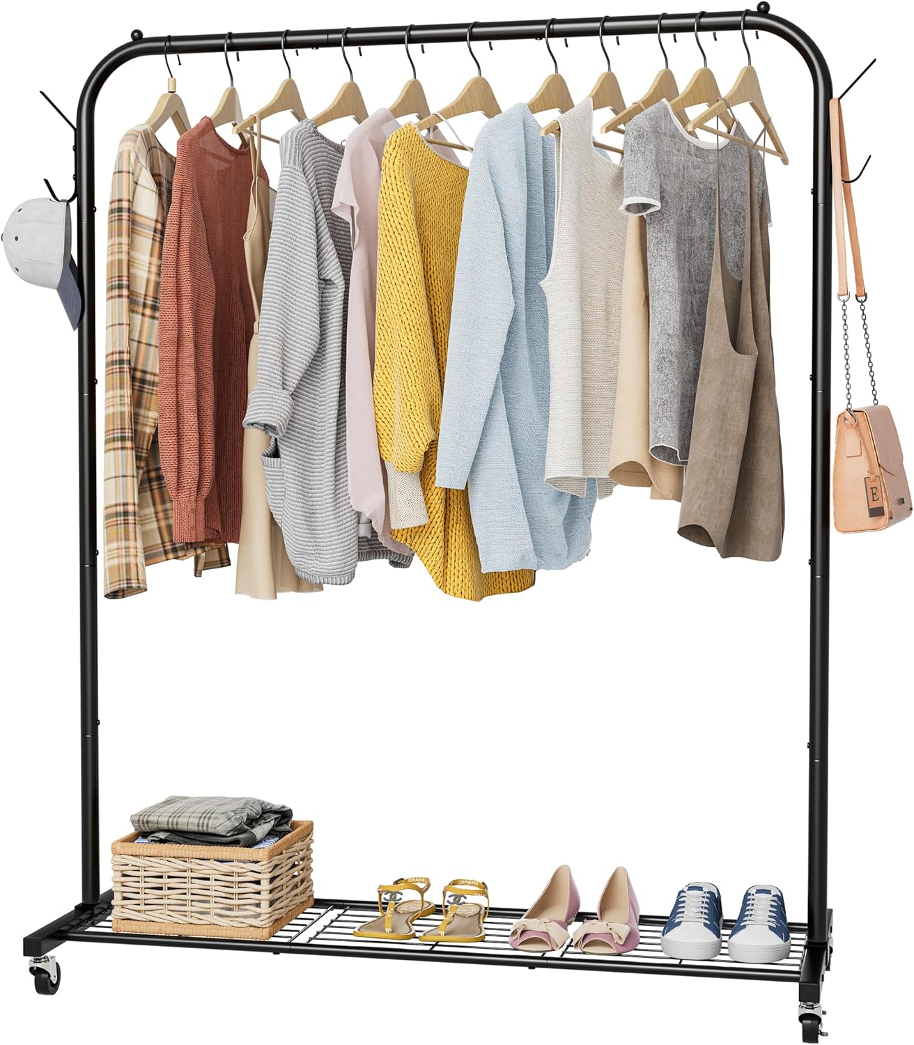 Clothes Rail, Portable Clothes Rack with Hook and Metal Storage Shelf, Heavy Duty Clothes Rail on Wheels, Clothing Rail Clothes Rails for Bedroom, Hanging Rails for Clothes, Holds up to 40 kg, Black