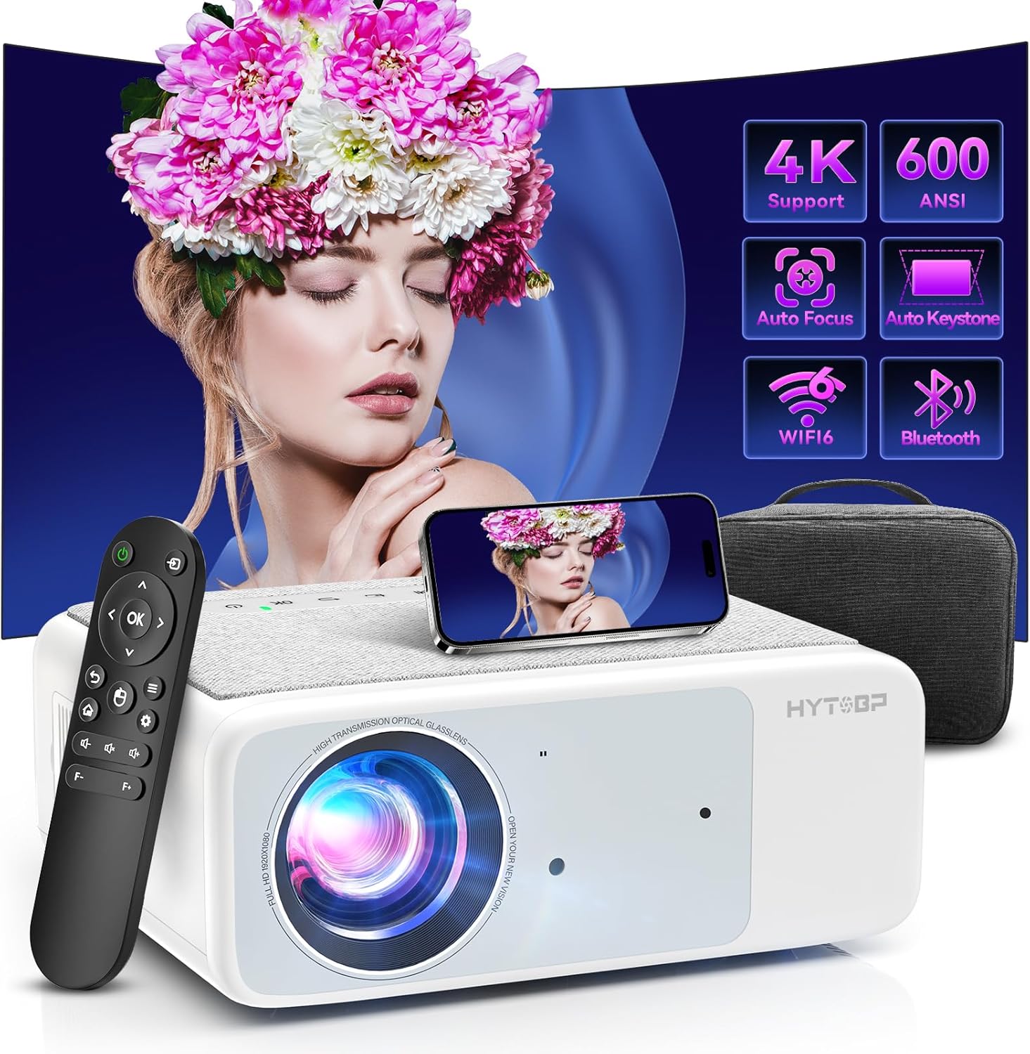 Projector with WiFi 6 and Native 1080P, HYTOBP LT2 600 ANSI Outdoor Movie Projector, Auto 6D Keystone & 50% Zoom, Bluetooth 5.1, Home Projector for iOS/Android/TV Stick(White, Medium)