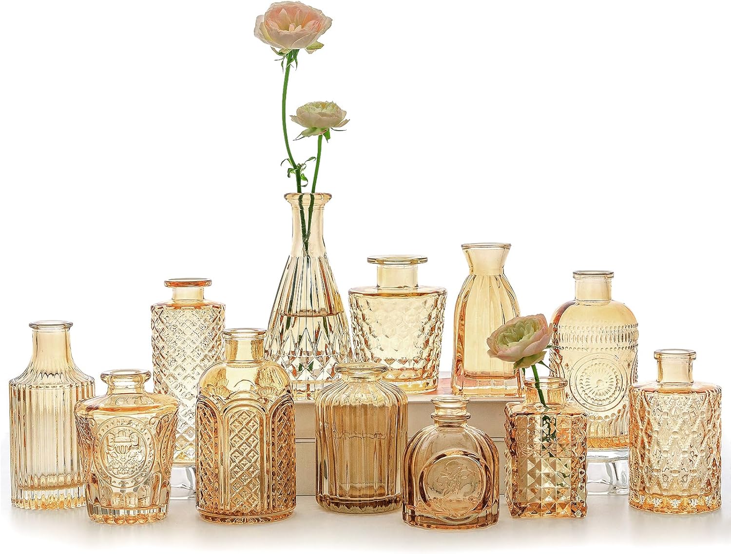12pcs Glass Bud Vase Set, Small Gold Amber Flower Vases for Centerpieces in Bulk, Mini Vintage Vase for Wedding, Home,Table Decoration